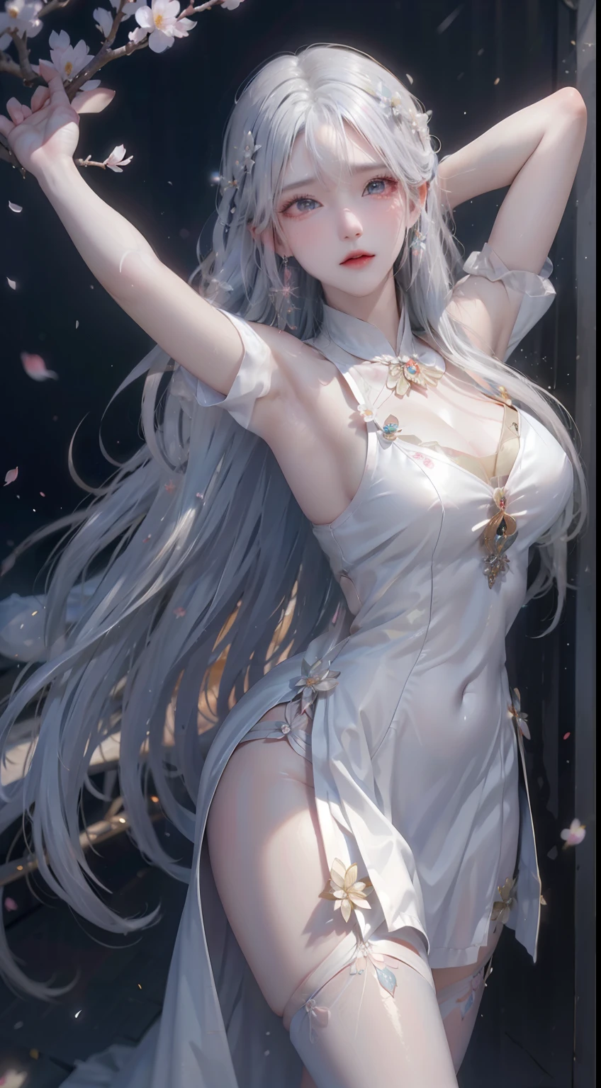 ((logo, masterpiece, 8k, table top, RAW photo, wonderful, 最high quality, Photorealistic and hvery detailed CG integrated 8k wallpaper, high quality, very detailed, Narrative poem, particle effects, dynamic effects, Depth of written boundary, cinematic light, Lens flare, ray tracing, anatomically accurate)), fantasy, 1 beautiful woman, ((white hair)), clear eyes, long hair, beautiful face, real face, Dense and beautiful eyes, beautiful skin, ((dancing woman, gracefully dancing woman, dancing woman in the snowy landscape, violently dancing woman)), ((long hairがWindでなびく, long hairが跳ねる, long hairがWindで踊る)), hair jump, jewelry, beautiful eyes, white kimono, white obi, embroidery pattern of white cherry blossoms, silver earrings, Light is shining, ((cherry blossoms, cherry blossomsの木, cherry blossomsの花びらが舞う, cherry blossoms吹雪, falling petals)), blue sky and white clouds background, Vast wind scenery, Wind, grassland, Vast land in mythology, Spectacular view, Beautiful natural wind scenery, hair color is white, cherry blossomsの花びらが舞う, cherry blossomsの木