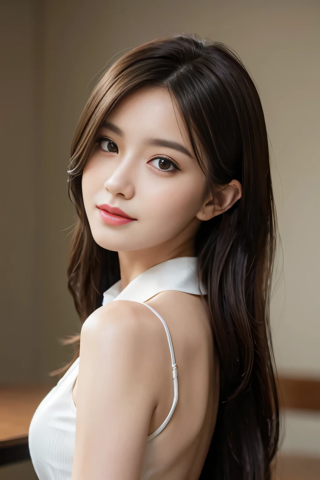table top, highest quality, realistic, Super detailed, finely, High resolution, 8k wallpaper, 1 beautiful woman,, light brown messy hair, He is wearing a black see-through dress shirt with an open collar..., sharp focus, perfect dynamic composition, beautiful and detailed eyes, thin hair, Detailed realistic skin texture, smile, close-up portrait, model body shape、president'secretary of、mini skirt、high heels、whole body、suit