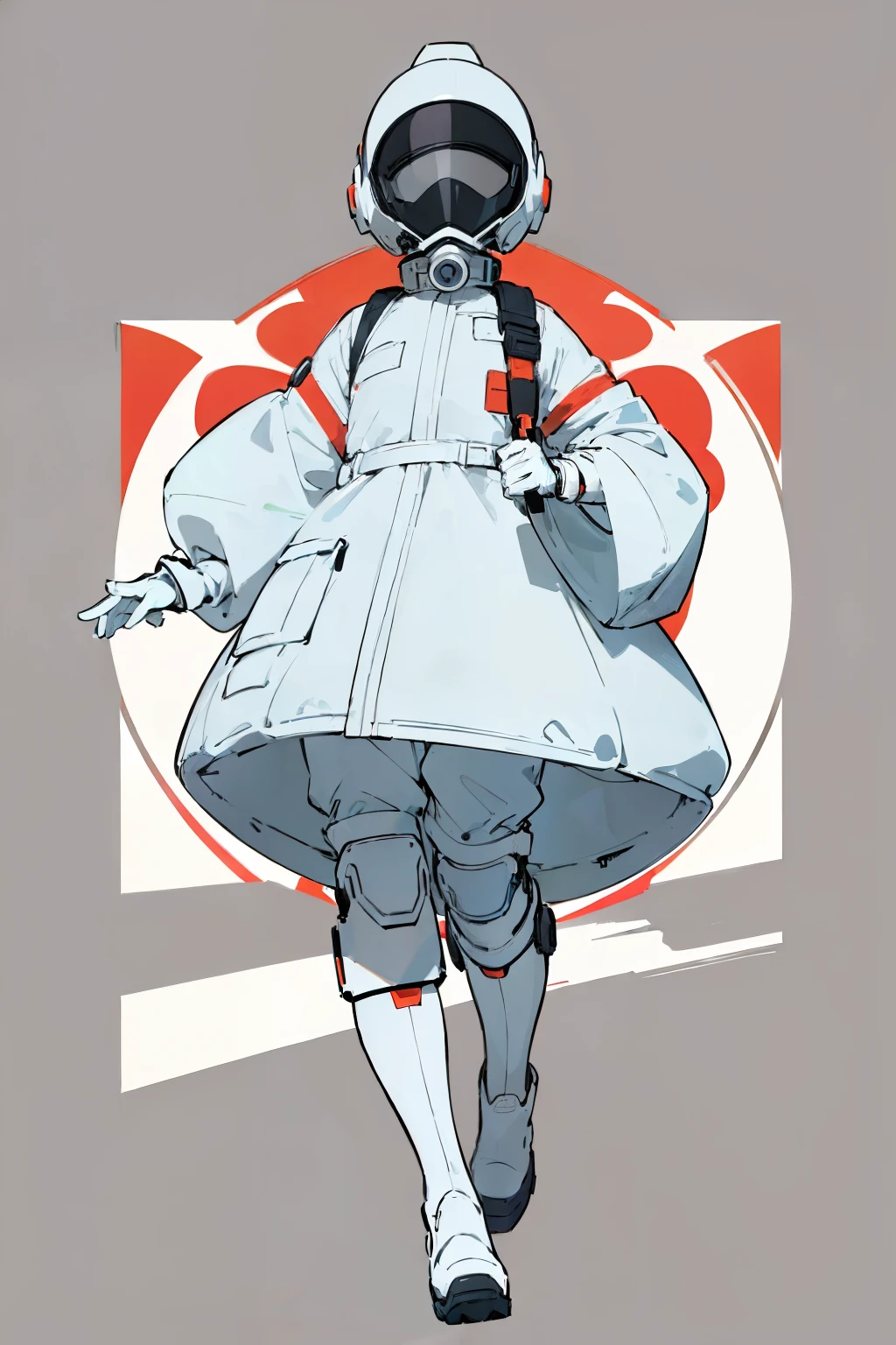  (ultra detailed,ultra high res,detailed background),((2D)),((flat color)),((muted color)), 1solo, looking at viewer, white hazmat suit, (big red galoshes), plush collar, full body image, square helmet