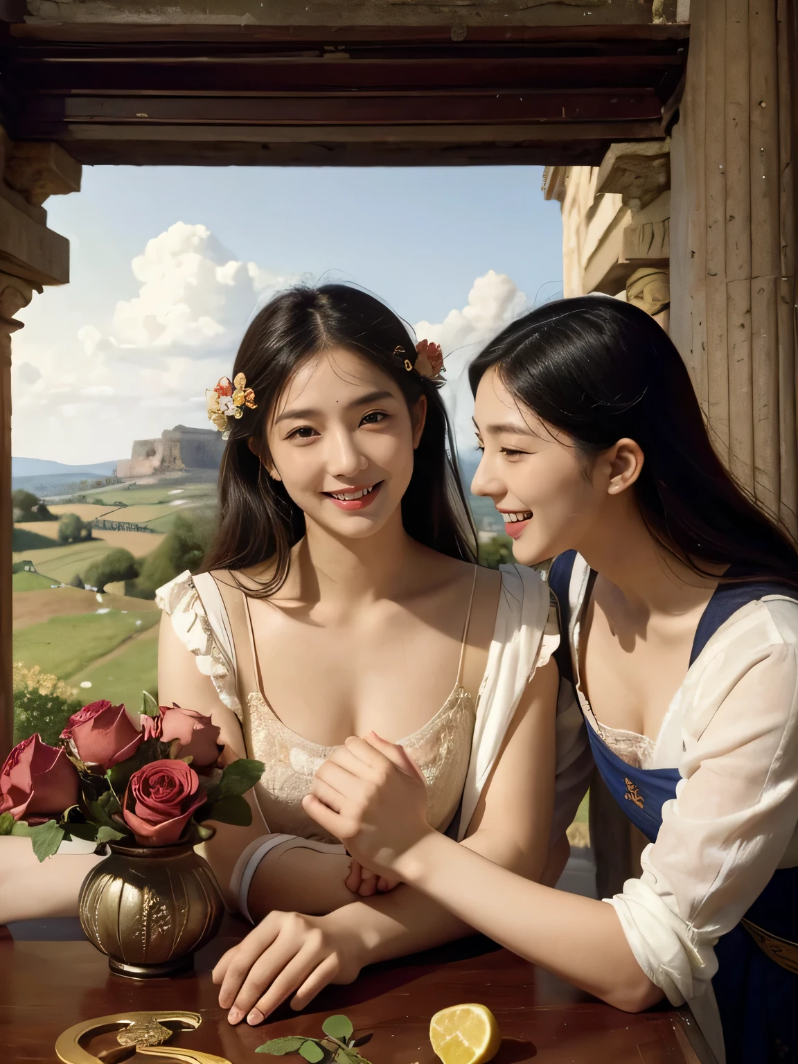 Giorgione painting style,Arguments of two female Philosophe,math、astronomical machine、astronaut、roses in vase、fruits、Cute trinkets、smile、ancient greek costume、Ancient Roman landscape in the style of Nicolas Poussin,laughter,,Sweet and seductive appearance.、Caravaggio's paintings、Chiaroscuro of Caravaggio、hair tousled by the wind,Two women frolicking,cute smile, expression of ecstasy,Sexy,erotic