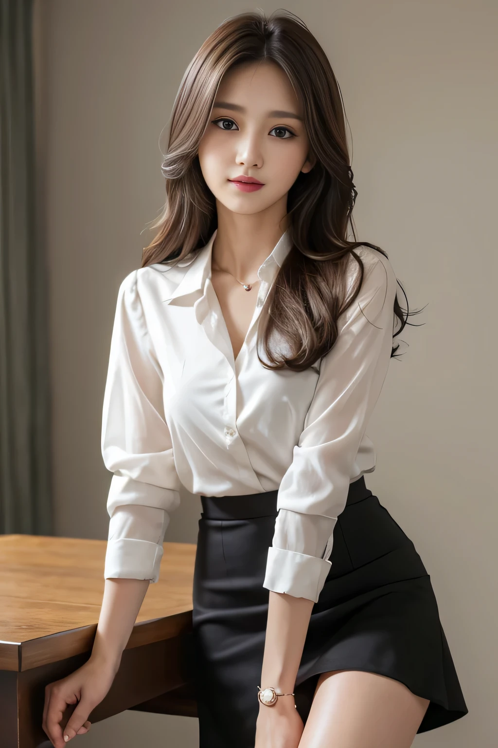 table top, highest quality, realistic, Super detailed, finely, High resolution, 8k wallpaper, 1 beautiful woman,, light brown messy hair, He is wearing a black see-through dress shirt with an open collar..., sharp focus, perfect dynamic composition, beautiful and detailed eyes, thin hair, Detailed realistic skin texture, smile, close-up portrait, model body shape、president'secretary of、mini skirt、high heels、whole body、suit