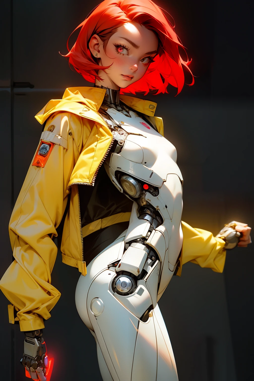 high quality, 4k, masterpiece, beautiful, cyborg girl, cowboy shot, looking at viewer, short red hair, girl, small breasts, thick thigh, robotic arms, robotic body, cyborg body, intricate detail, joint, detailed lines, robotic detail, holding fist up, holding hand up as fist, color robotic parts, robotic parts with color, glowing eyes, glowing parts, jacket, jacket over robot parts, short jacket, half jacket