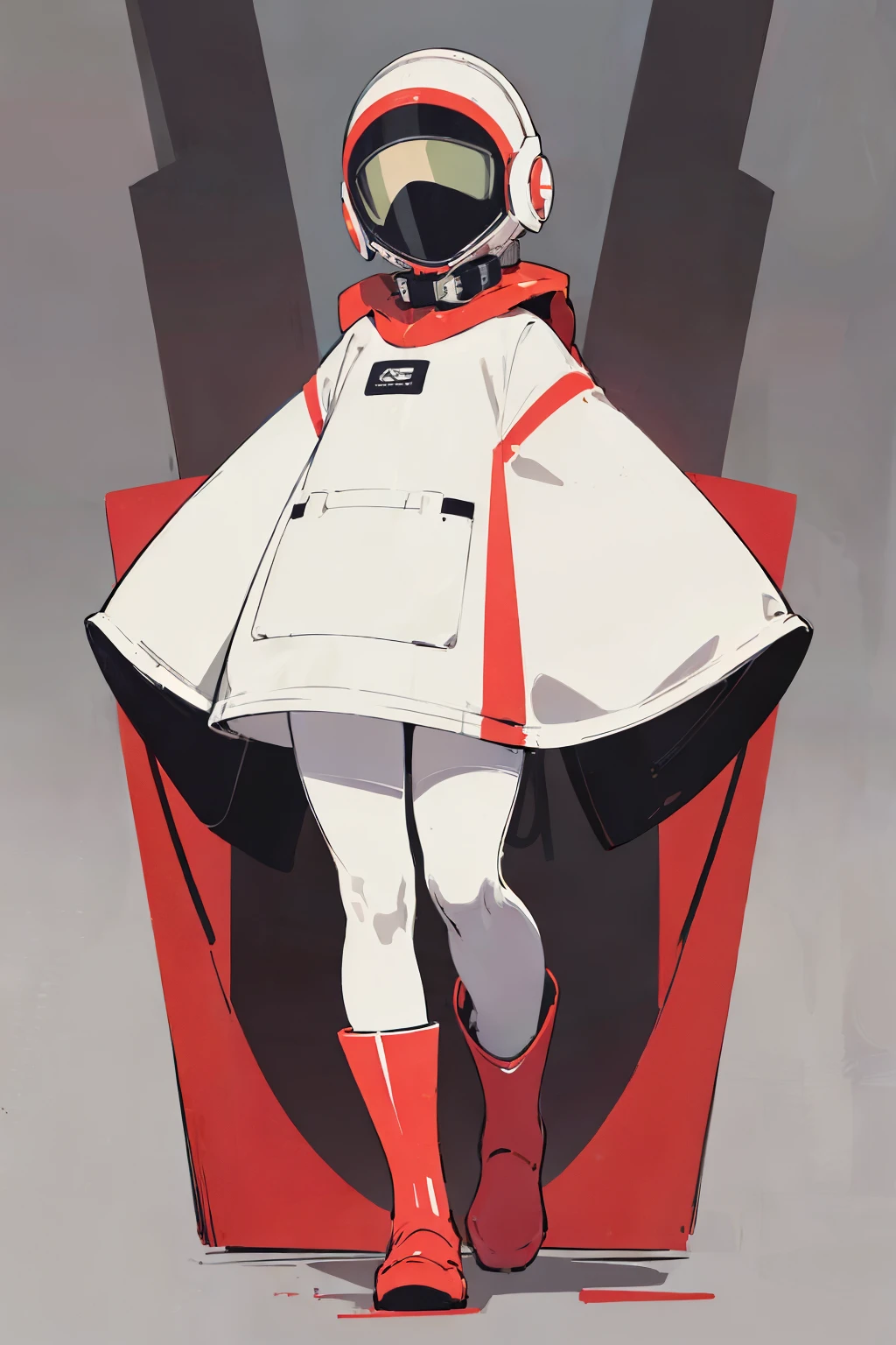 (ultra detailed,ultra high res,detailed background),((2D)),((flat color)),((muted color)), 1solo, looking at viewer, white hazmat suit, (big red galoshes), plush collar, full body image, square helmet
