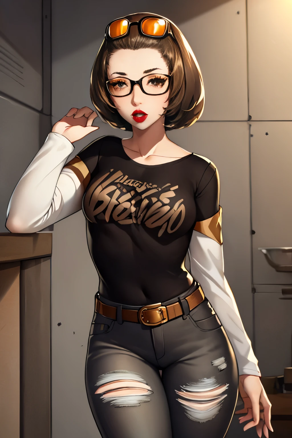 defManuela,glossy lips ,light brown hair, 1girl, solo, standing, black t-shirt, white shirt, jeans, belt, lipstick, eyewear on head,
