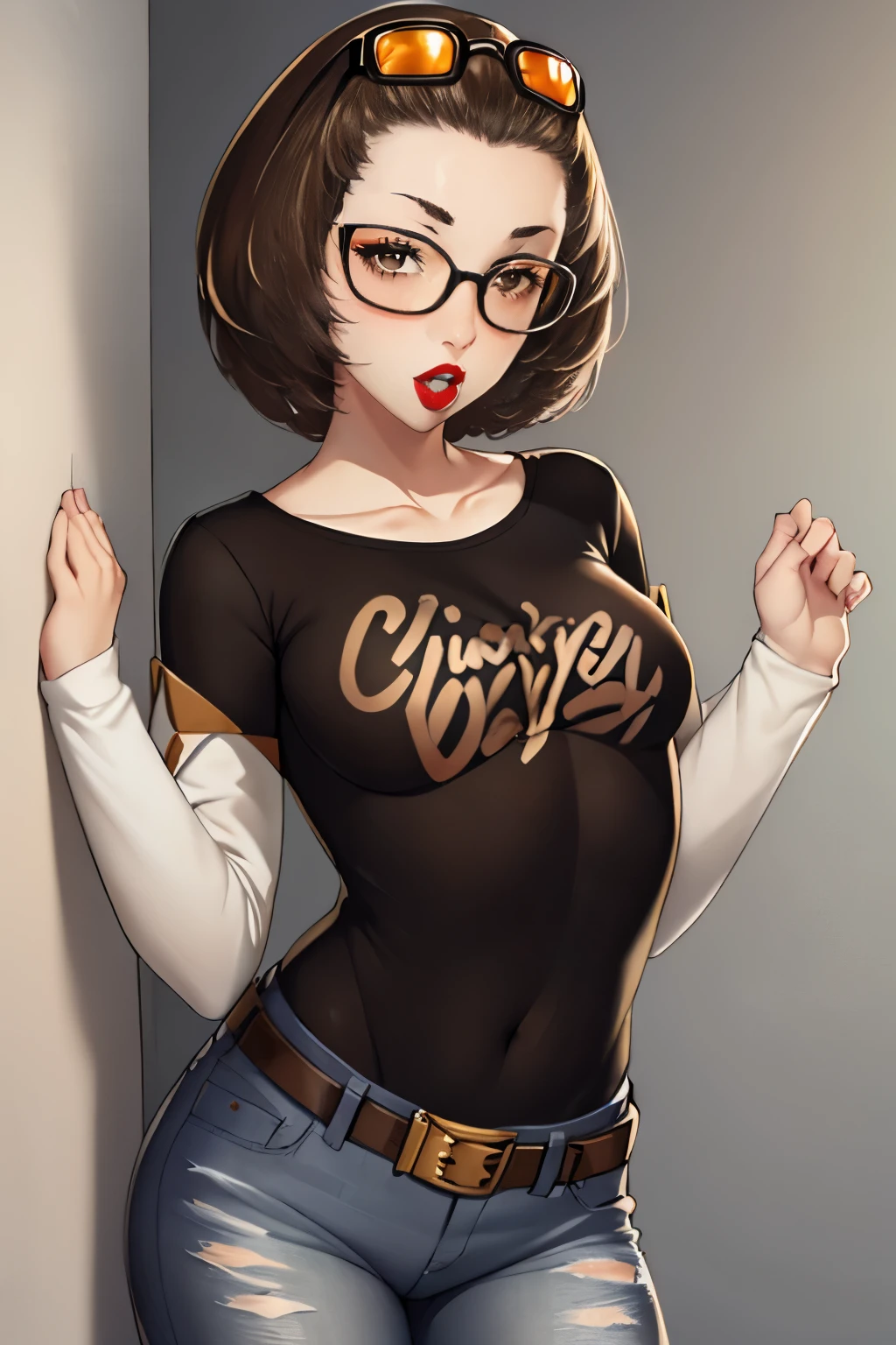 defManuela,glossy lips ,light brown hair, 1girl, solo, standing, black t-shirt, white shirt, jeans, belt, lipstick, eyewear on head,
