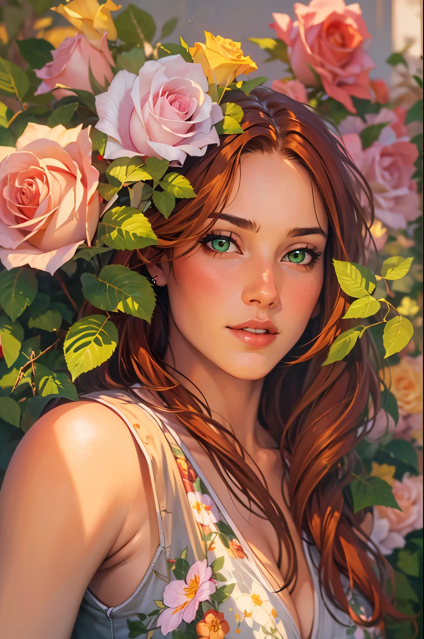 (best quality,ultra-detailed,realistic:1.37),young adult woman,redhead,side part hairstyle,bright green eye color,looking straight forward,dimples,roses,floral,beautiful,painting style,soft lighting,vibrant colors