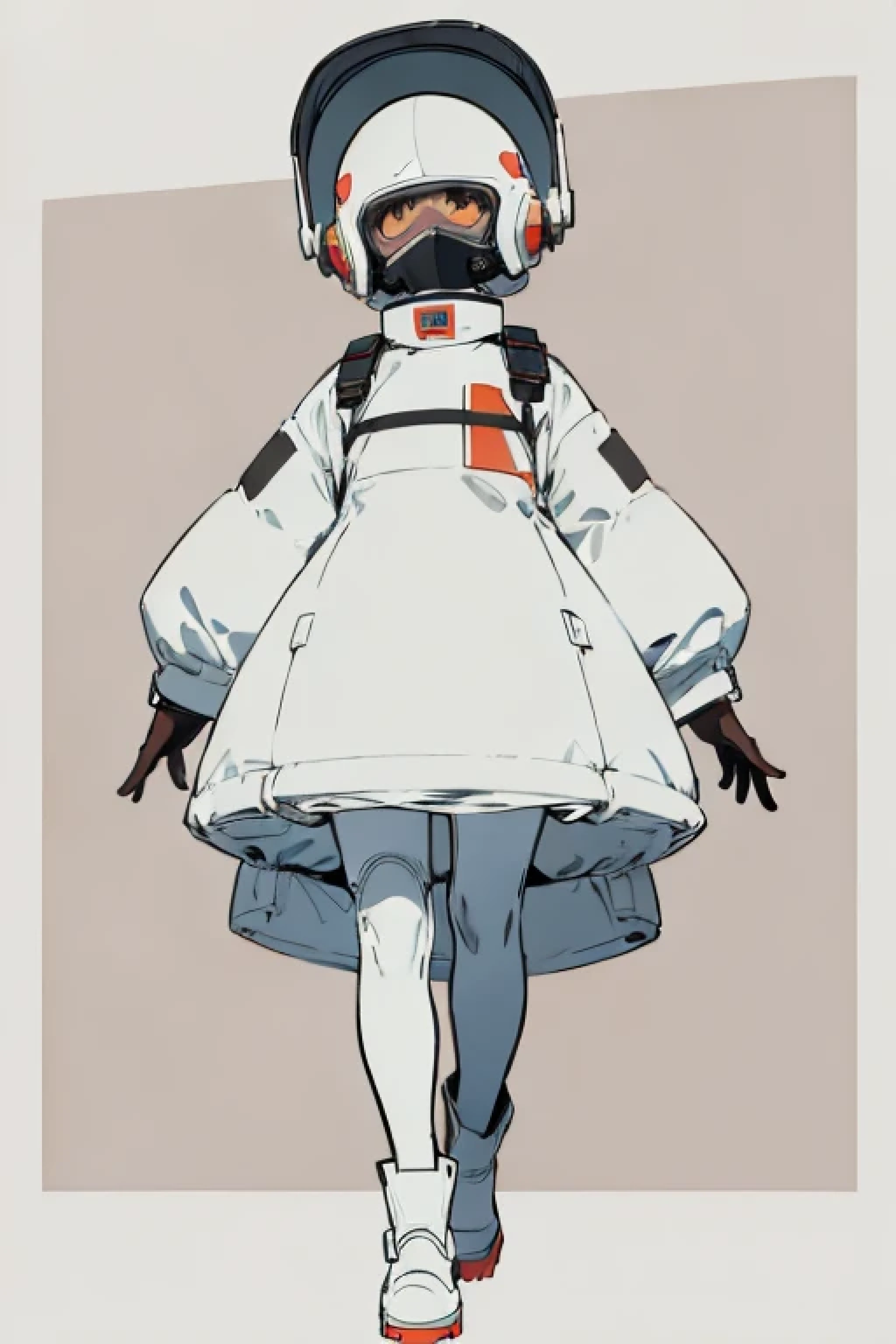  (ultra detailed,ultra high res,detailed background),((2D)),((flat color)),((muted color)), 1solo, looking at viewer, white hazmat suit, (big red galoshes), plush collar, full body image, square helmet