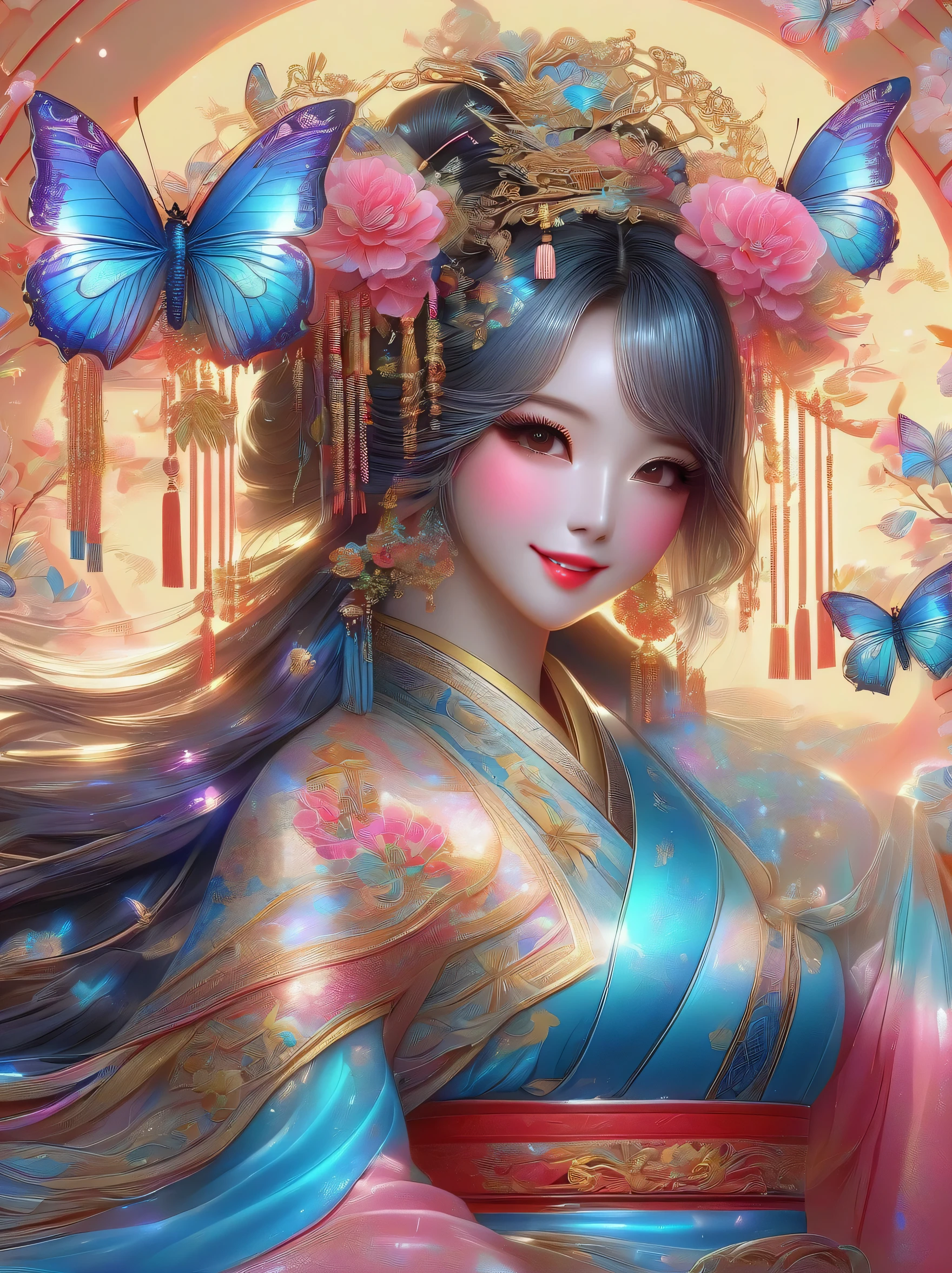 (masterpiece, best quality:1.2,lifelike:1.37),ancient,Chinese style,1 girl,Flashing Hanfu girl,portrait,alone,Detailed drawing of eyes,eyelash,blush,Shut up and laugh,long hair,Exquisite makeup,Exquisite headdress,blue华丽的汉服,Garden background blurred,simple,glowing butterfly,blue:1.37,huge peony flower:1.37,actual,neon lights,(Liquid light background),(Cowboy shooting:1.9),(ultra high definition, masterpiece, precise, anatomically correct, textured skin, Ultra-detailed, high detail, Award-winning, best quality, 8k)