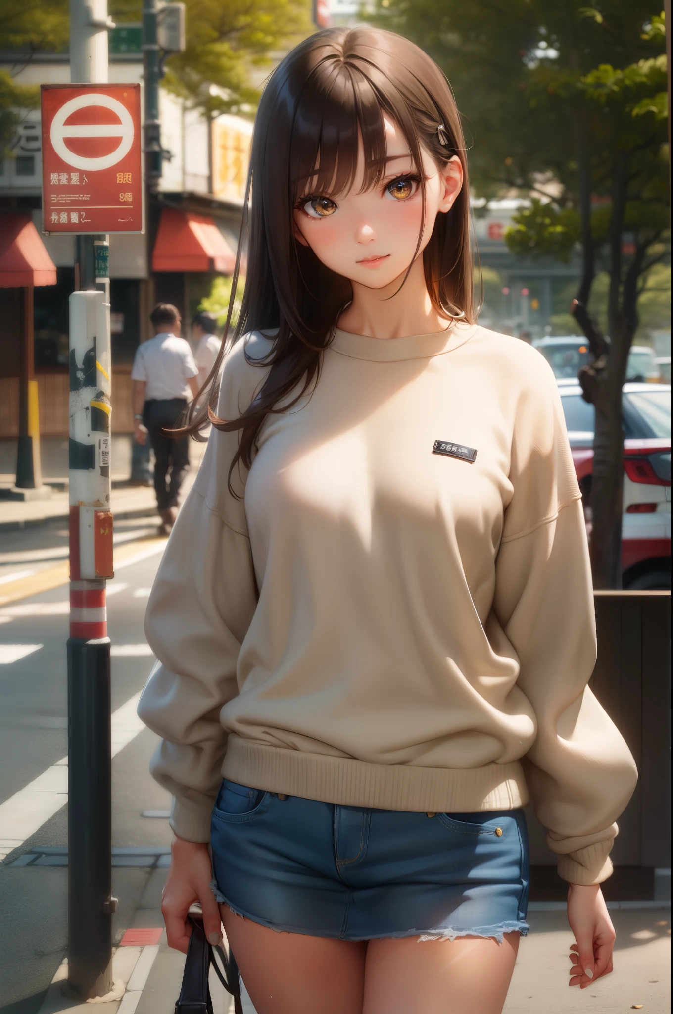 (Perfect Anatomy,top-quality、The ultra -The high-definition、hight resolution、extremely details CG、8K Unit Wallpapers),cowboy shot,portrait,1woman,solo,20 year old beauty,Japanese,(Beautiful detailed eyes,brown eyes),shy,brown hair,long hair,bangs,,(white striped sweater,yellow tight mini skirt),bustling street、street,Tokyo、natural sunlight、