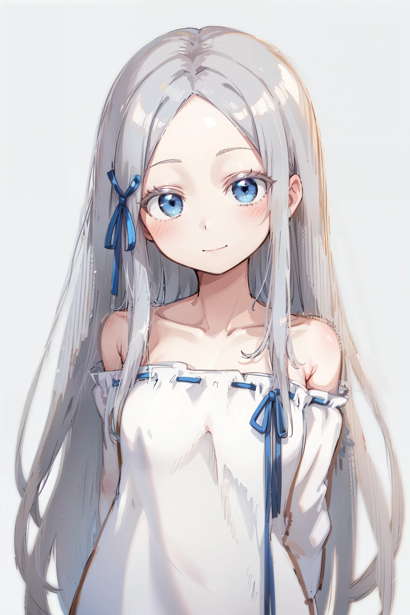 (masterpiece, best quality, ultra high quality, by quan, by mappa, sketch:1.1), ((portrait)), 1girl, solo, pandora, blue eyes, long hair, grey hair, white hair, forehead, blush, bangs, small breasts, parted bangs, barefoot, neutral, innexpressive, small smile, thighs, ((pddf)), dress, dress ribbon, hair ribbon, white dress, loose dress, blue ribbon, bare shoulders, (arms behind back), upper body, standing,, isometric lightning, white background, simple background