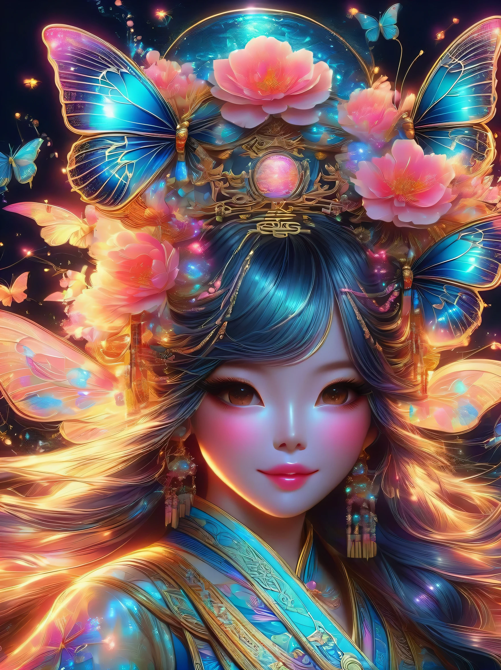 (masterpiece, best quality:1.2，lifelike:1.37)，ancient，Chinese style illustration，1 girl, portrait，alone，Detailed drawing of eyes，eyelash，blush，Shut up and laugh，long hair，Exquisite makeup，Exquisite headdress，blue华丽的汉服，Garden background blurred，simple，glowing butterfly，blue:1.37，huge peony flower:1.37，actual，neon lights，(Liquid light background)，(Cowboy shooting:1.9)，(ultra high definition, masterpiece, precise, anatomically correct, textured skin, Ultra-detailed, high detail, Award-winning, best quality, 8k)