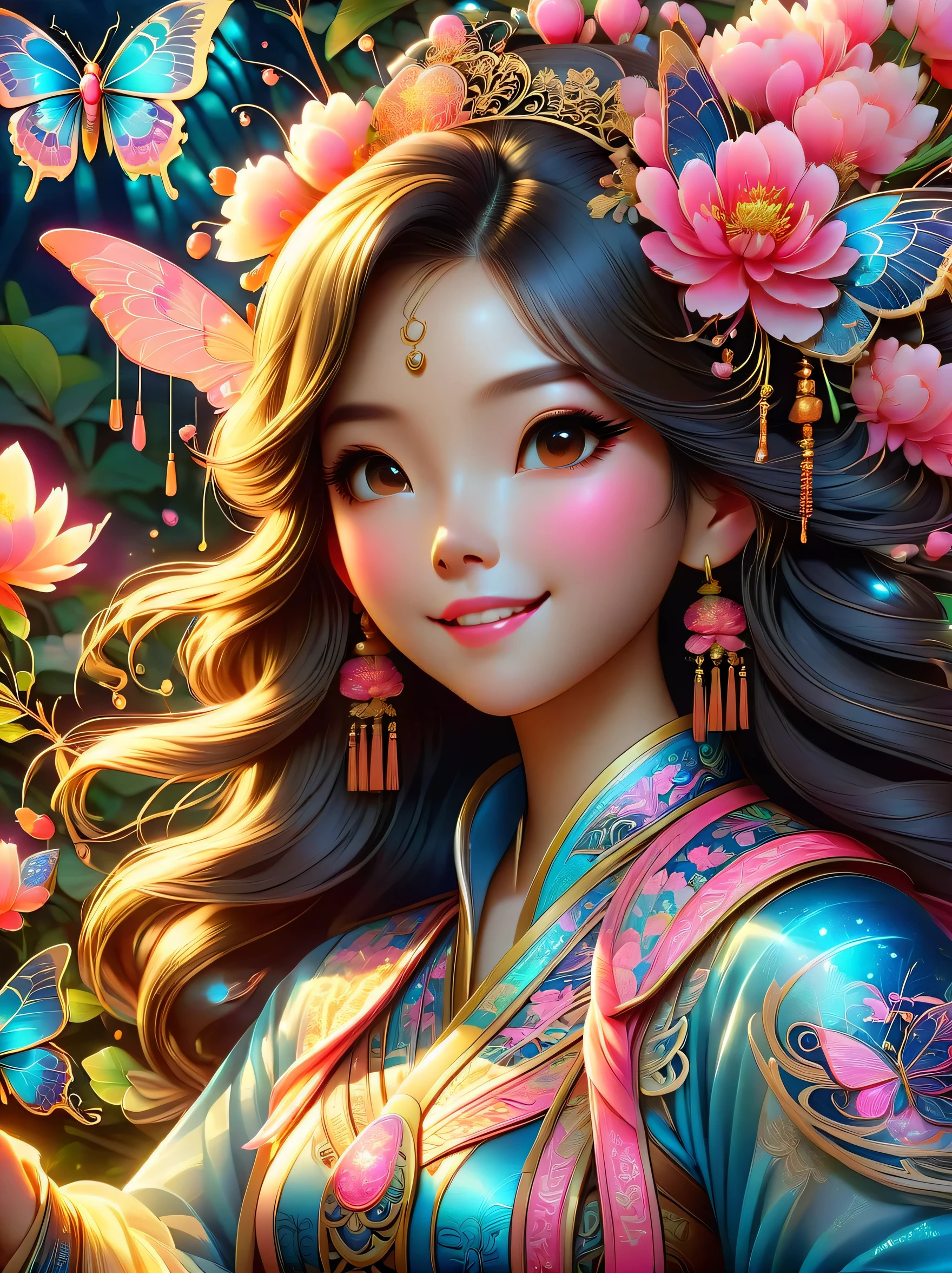 (masterpiece, best quality:1.2，lifelike:1.37)，ancient，Chinese style illustration，1 girl, portrait，alone，Detailed drawing of eyes，eyelash，blush，Shut up and laugh，long hair，Exquisite makeup，Exquisite headdress，blue华丽的汉服，Garden background blurred，simple，glowing butterfly，blue:1.37，huge peony flower:1.37，actual，neon lights，(Liquid light background)，(Cowboy shooting:1.9)，(ultra high definition, masterpiece, precise, anatomically correct, textured skin, Ultra-detailed, high detail, Award-winning, best quality, 8k)