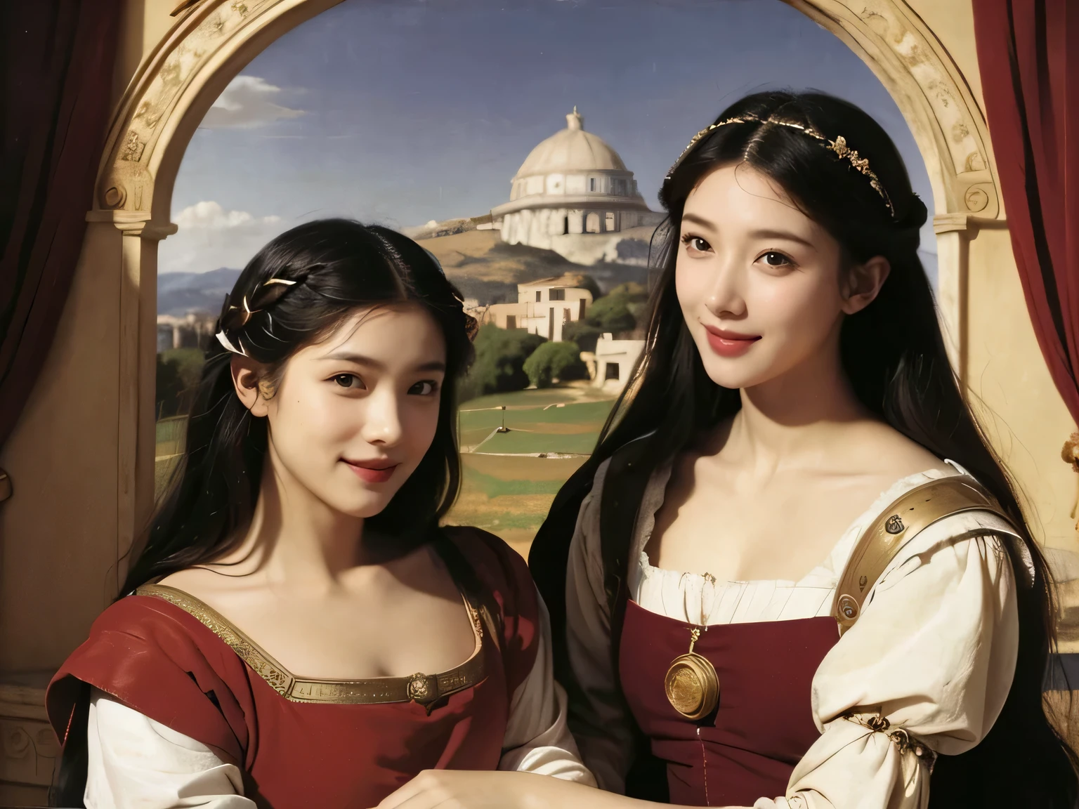 Giorgione's painting style,Discussion between two female philosophers,math、astronomical machine、astronaut、roses in vase、fruit、Cute trinkets、smile、ancient greek costume、Ancient Roman landscape in the style of Nicolas Poussin,laughter,,sweet and enchanting appearance.、caravaggio painting、Caravaggio's Chiaroscuro、My hair was messed up by the wind,two women having fun,cute smile, expression of ecstasy,sexy,erotic