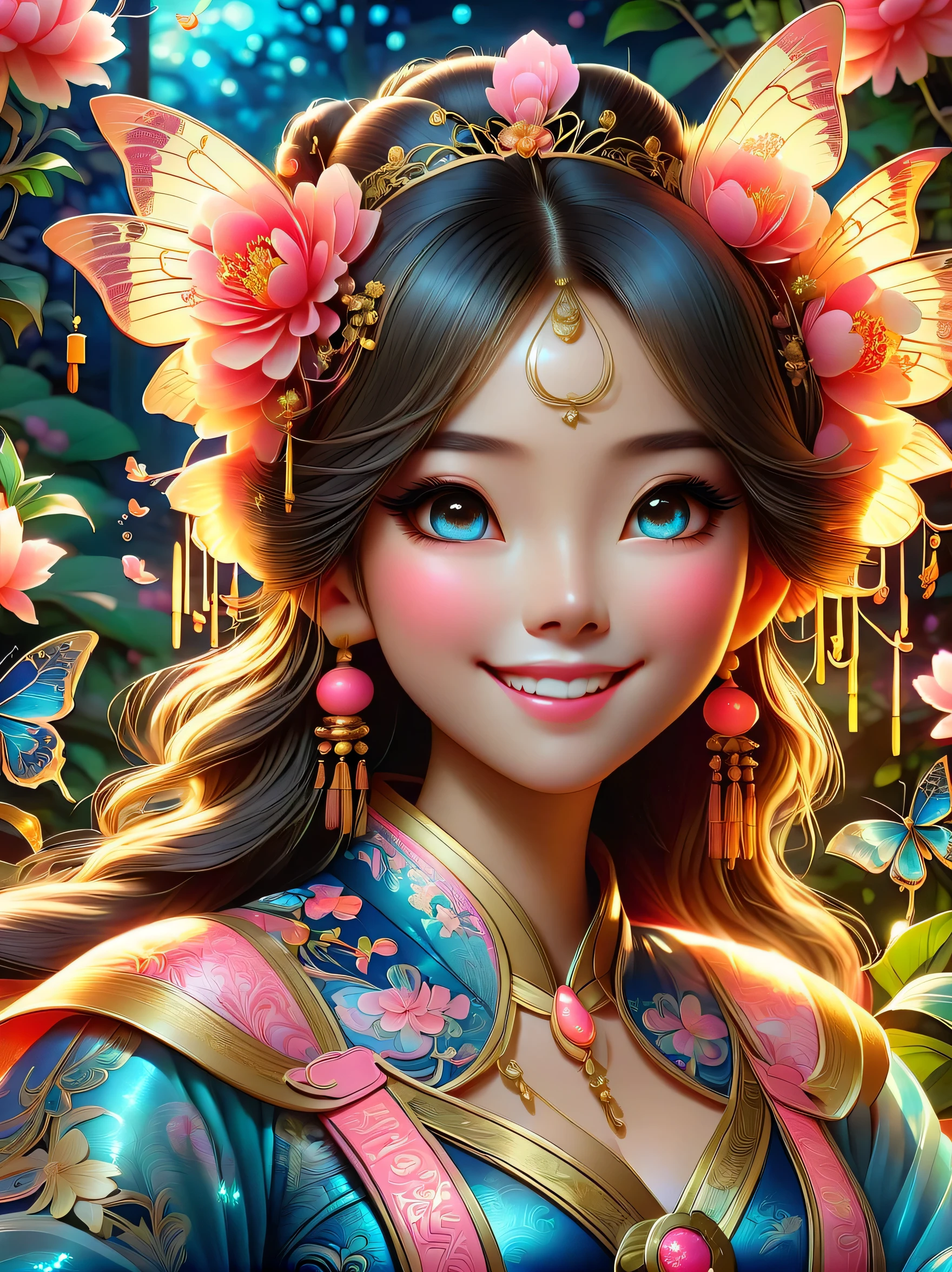 (masterpiece, best quality:1.2，lifelike:1.37)，ancient，Chinese style illustration，1 girl, portrait，alone，Detailed drawing of eyes，eyelash，blush，Shut up and laugh，long hair，Exquisite makeup，Exquisite headdress，blue华丽的汉服，Garden background blurred，simple，glowing butterfly，blue:1.37，huge peony flower:1.37，actual，neon lights，(Liquid light background)，(Cowboy shooting:1.9)，(ultra high definition, masterpiece, precise, anatomically correct, textured skin, Ultra-detailed, high detail, Award-winning, best quality, 8k)