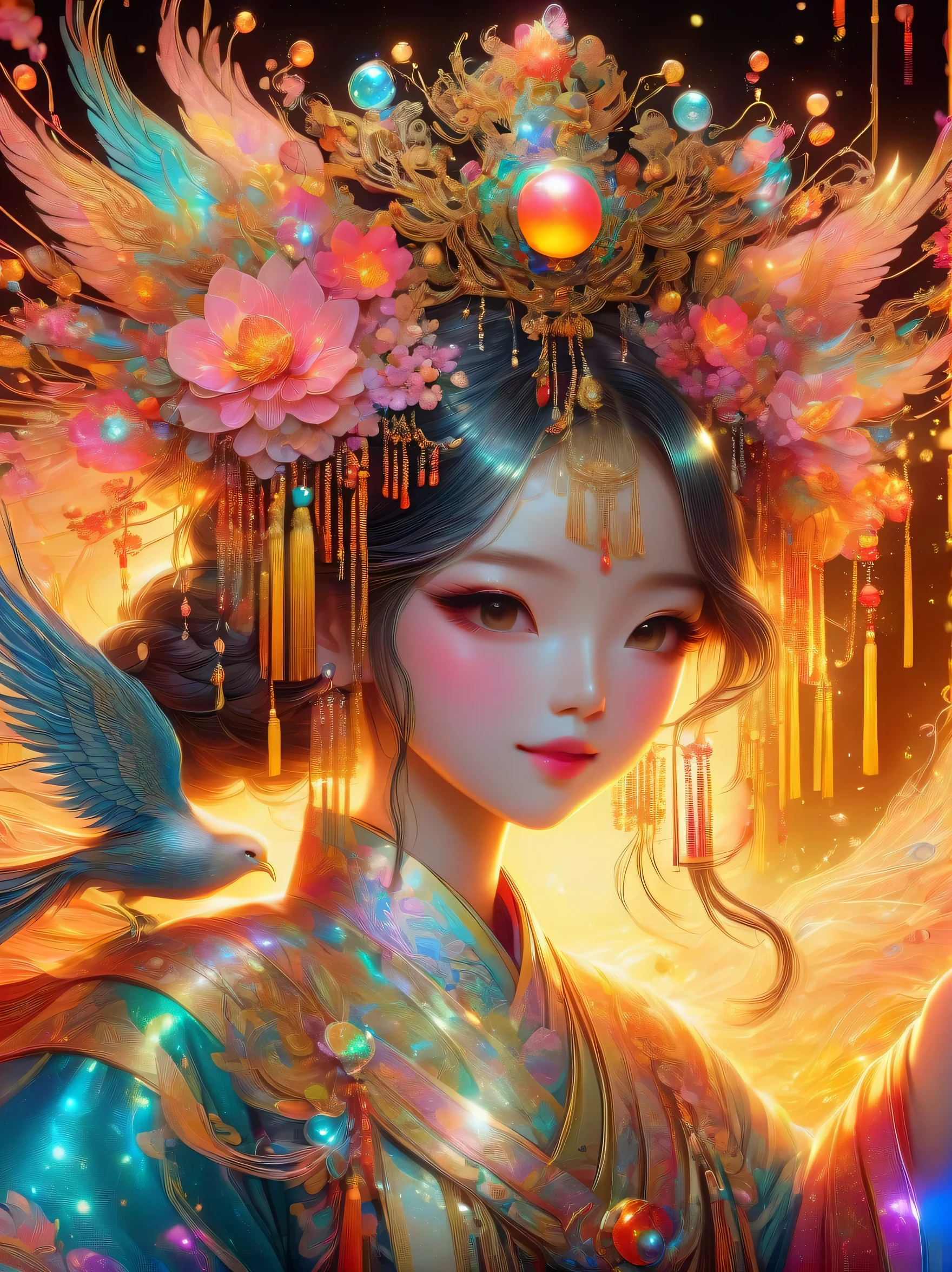 lifelike,1 girl,(shiny:1.3),(Hanfu),(Phoenix crown,Tassel headdress,Crown of pearls,flower headdress:1.5),Kawaii aesthetic style,(liquid light),(sun-kissed palettes:1.3),(Full of warmth and vitality),intricate details,Chinese traditional elements,Whimsical modern elements,actual,neon lights,(liquid light的背景),(Cowboy shooting:1.9),(ultra high definition, masterpiece, precise, anatomically correct, textured skin, Ultra-detailed, high detail, Award-winning, best quality, 8k)