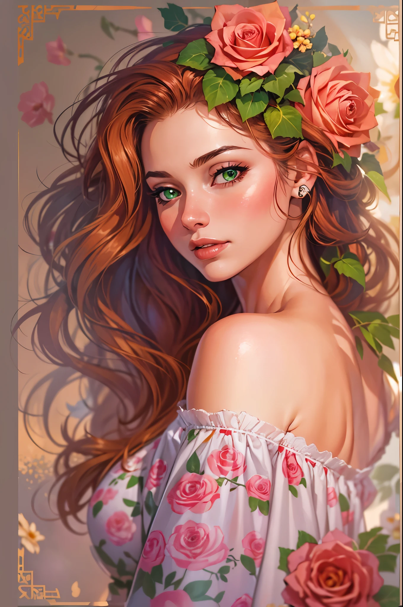 (best quality,ultra-detailed,realistic:1.37),young adult woman,redhead,side part hairstyle,bright green eye color,looking straight forward,dimples,roses,floral,beautiful,painting style,soft lighting,vibrant colors