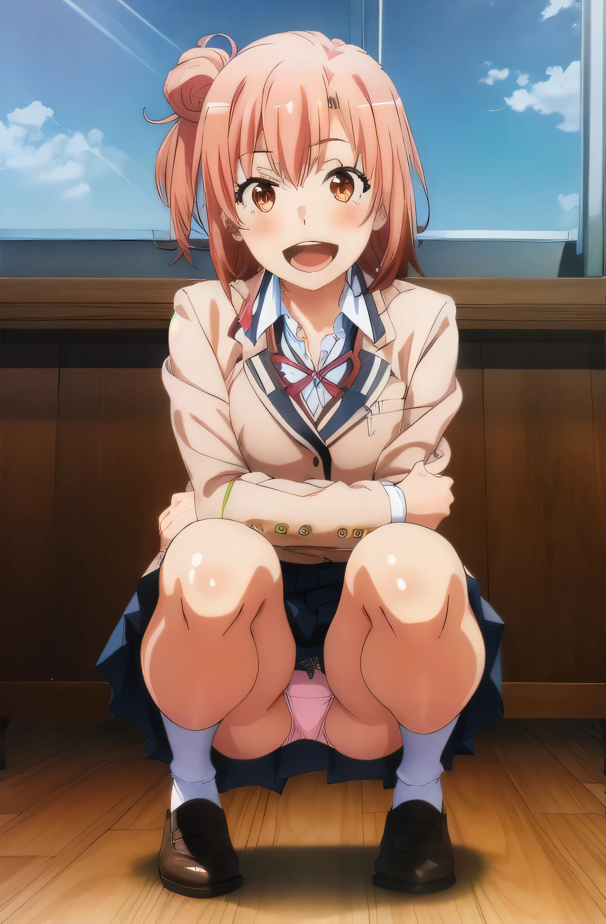 1 girl , Yuigahama Yui , Classroom Floor、,open your mouth, uniform,,blazer,shirt,check skirt,(pink panties),squat,thighs,knees,calf,,whole body,smile,from the front