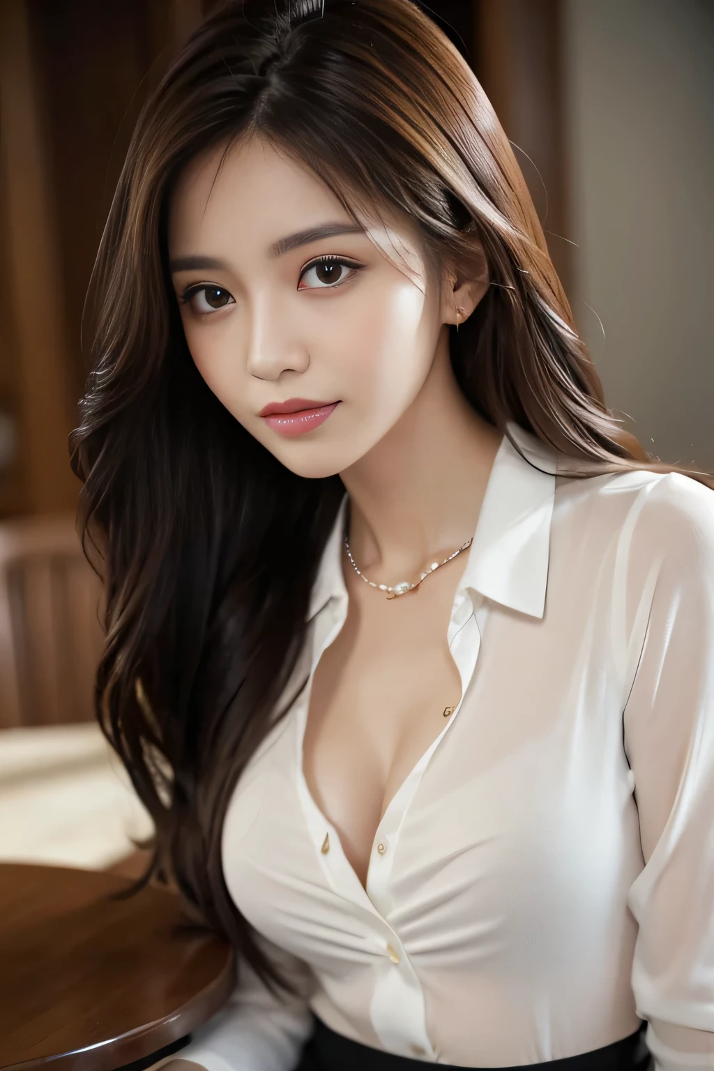 table top, highest quality, realistic, Super detailed, finely, High resolution, 8k wallpaper, 1 beautiful woman,, light brown messy hair, He is wearing a black see-through dress shirt with an open collar..., sharp focus, perfect dynamic composition, beautiful and detailed eyes, thin hair, Detailed realistic skin texture, smile, close-up portrait, model body shape、president'secretary of、mini skirt、high heels、whole body、suit