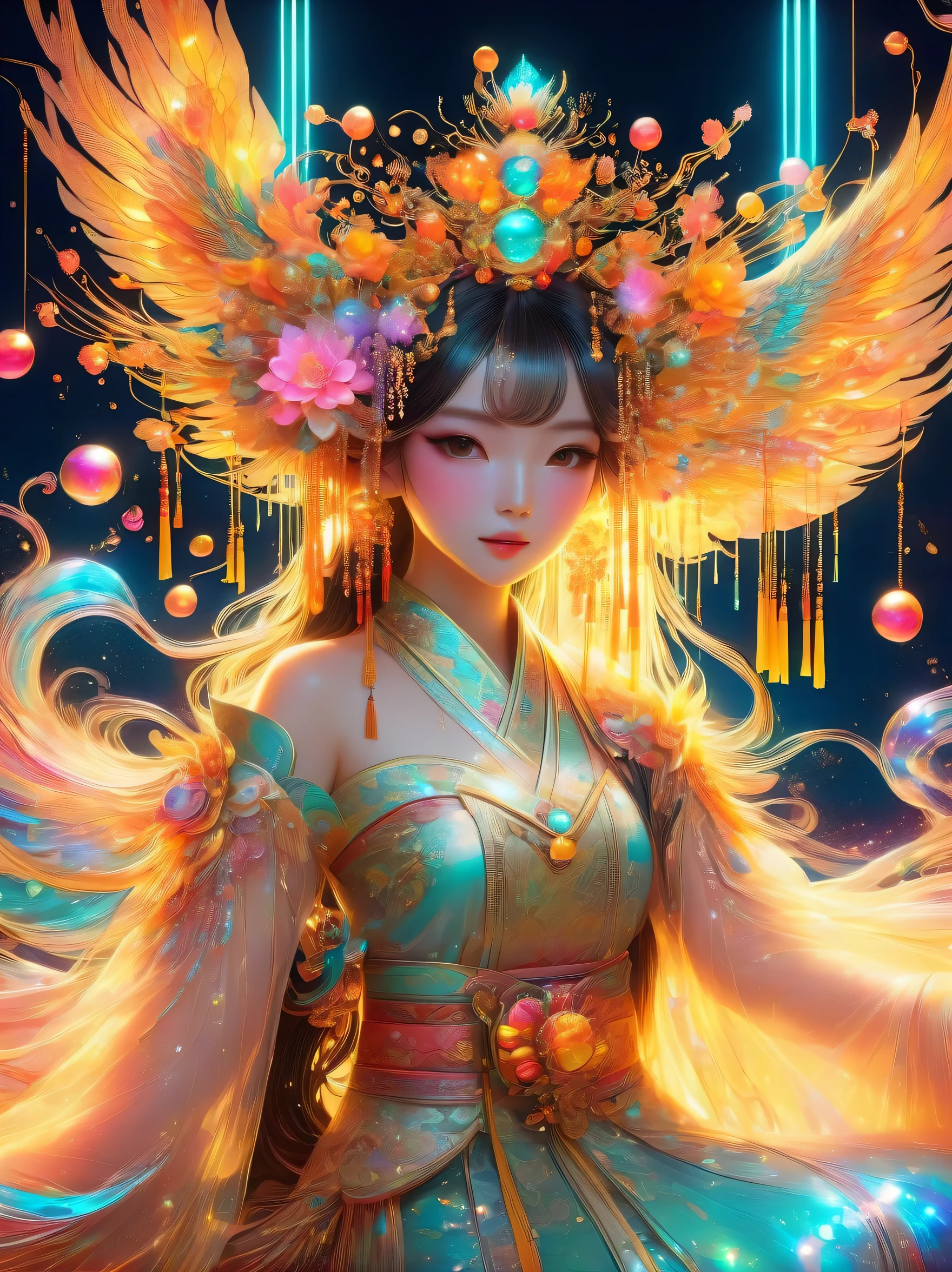 lifelike,1 girl,(shiny:1.3),(Hanfu),(Phoenix crown,Tassel headdress,Crown of pearls,flower headdress:1.5),Kawaii aesthetic style,(liquid light),(sun-kissed palettes:1.3),(Full of warmth and vitality),intricate details,Chinese traditional elements,Whimsical modern elements,actual,neon lights,(liquid light的背景),(Cowboy shooting:1.9),(ultra high definition, masterpiece, precise, anatomically correct, textured skin, Ultra-detailed, high detail, Award-winning, best quality, 8k)