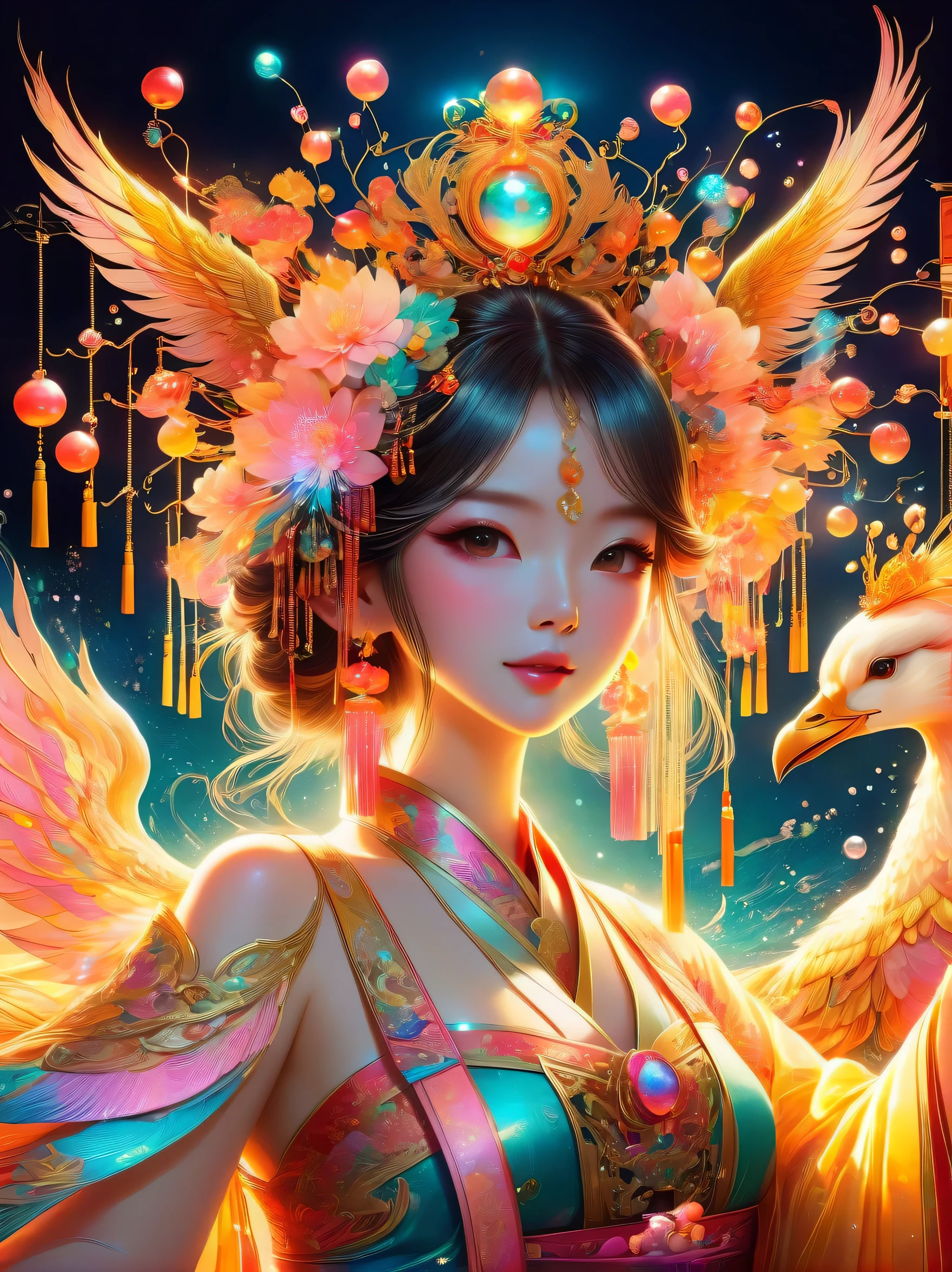lifelike,1 girl,(shiny:1.3),(Hanfu),(Phoenix crown,Tassel headdress,Crown of pearls,flower headdress:1.5),Kawaii aesthetic style,(liquid light),(sun-kissed palettes:1.3),(Full of warmth and vitality),intricate details,Chinese traditional elements,Whimsical modern elements,actual,neon lights,(liquid light的背景),(Cowboy shooting:1.9),(ultra high definition, masterpiece, precise, anatomically correct, textured skin, Ultra-detailed, high detail, Award-winning, best quality, 8k)
