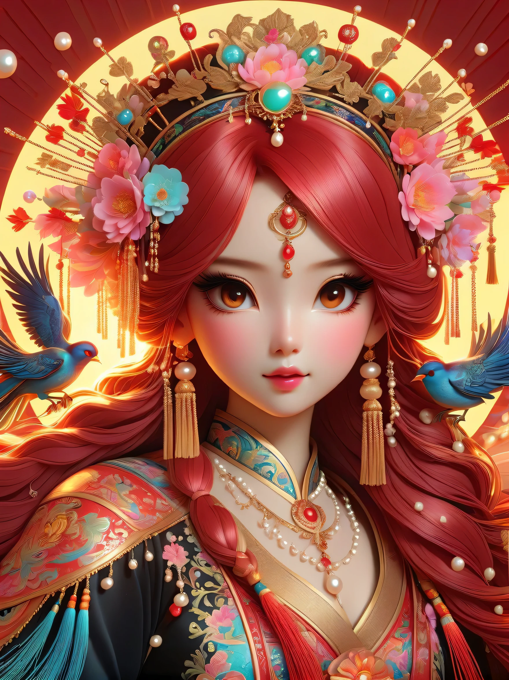 lifelike,meticulous,Flashing Hanfu girl,(Cowboy shooting:1.5),Long red hair,indian style,(Phoenix crown,Tassel headdress,Crown of pearls,flower headdress:1.5),colorful birds,Black, Peony background,round background,Kawaii aesthetic style,liquid light,sun-kissed palettes,Full of warmth and vitality,intricate details,Chinese traditional elements,Whimsical modern elements,neon lights,(liquid light的背景),(ultra high definition, masterpiece, precise, anatomically correct, textured skin, Ultra-detailed, high detail, Award-winning, best quality, 8k)