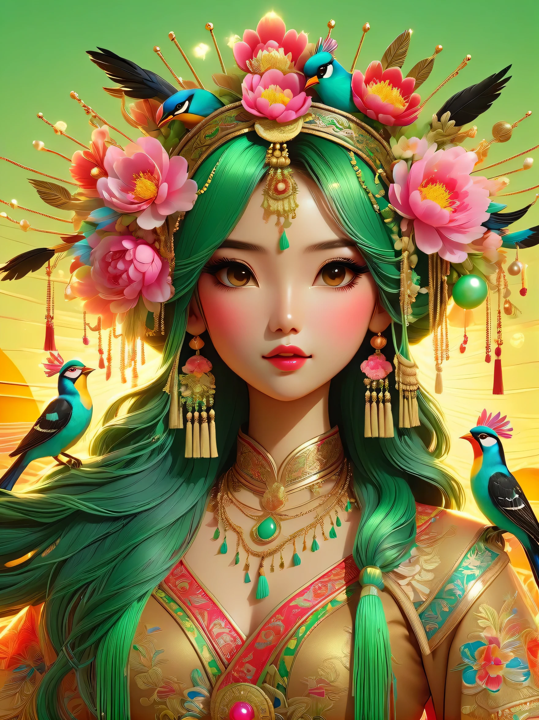 Full portrait of Vietnamese stunning lady, smiling, in a Carnival style Peacock feather headdress, mediumbust 😵‍💫 chest, wow size, wearing deep V-neck dress without straps, in the style of bright green and blue thin silk, eastern and western fusion, yellow and red --auto --s2