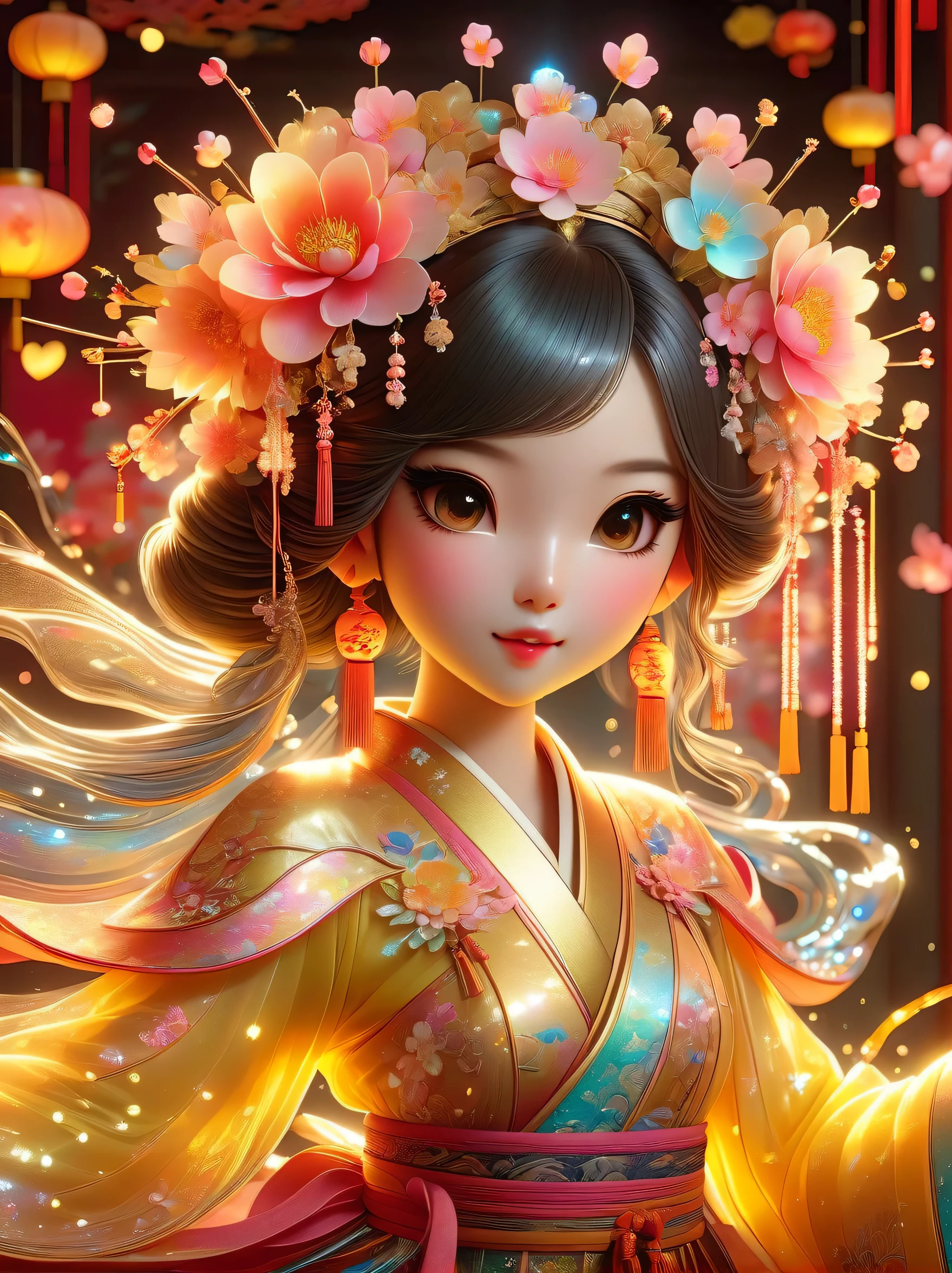 Realistic depiction of a girl wearing shiny Hanfu，Incorporate kawaii aesthetics，The allure of liquid light enhances her magical presence。The theme is deeply rooted in Chinese culture，Intertwined with the heart of fairy tales。The color scheme reflects the sun-kissed palette，Full of warmth and vitality。Composition is all about capturing intricate details that you might miss in the blink of an eye.，Blending traditional Chinese elements with whimsical modern elements，This is all presented through a realistic photography style，flower headdress，neon lights，Liquid light background，(Cowboy shooting, ultra high definition, masterpiece, precise, anatomically correct, textured skin, Ultra-detailed, high detail, Award-winning, best quality, 8k)