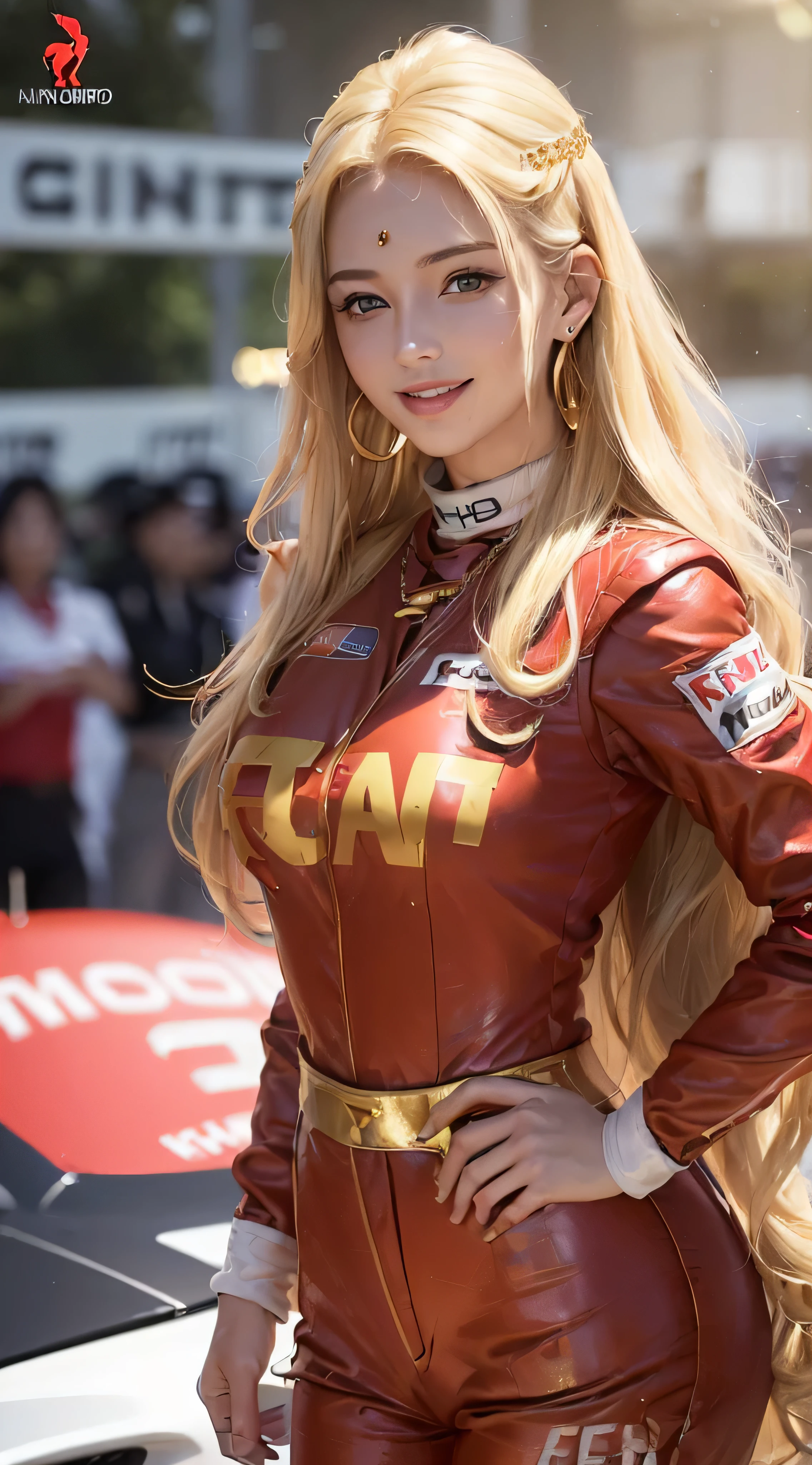 European and American women, Fashion Model, Glamour, Paparazzi took pictures of her, blonde hair, brown eyes, 8K, high quality, masterpiece, 最high quality, HD, very detailed、voluminous lighting, photorealistic,((Race Queen、Red costume、Sponsor logo on the chest、Grid Girl, Stand in a motorsport race、left hand on waist、Blur the background:1.4)),((Blonde super long hair:1.2))、((Hair with loose waves inside:1.2)),((gold necklace＿Large earrings:1.2)),((shy smile:1.3)),