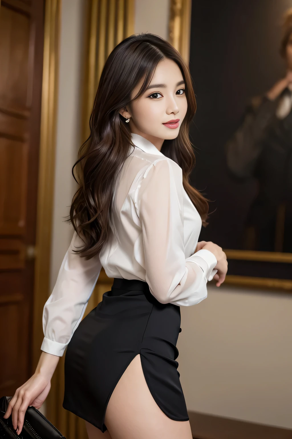 ulzzang-6500-v1.1, (RAW Photos:1.2), (Photorealistic), (Genuine:1.4), (Mastepiece), masterpiece, Absurd, The finer details, High resolution, Highly detailed face and eyes, Photorealistic, A beautiful and seductive mature elite secretary in a luxurious silk blouse、40 years、height　154cm、Well-proportioned body type、Hourglass illustration、Skirt and thighs、Walking the hallway、Office Clothes, (Ultra-realistic pantyhose:1.3)、Working in the office、Wearing a satin blouse, Ultra-thin fabric、Smooth、See-through fabric、Wear high-quality high heels、 Blouse Girl, Wearing an elegant blouse, Wearing a very thin blouse, Businesswoman, Blouse and skirt, Wearing a silk blouse, Wear a shirt and skirt, Japanese Goddess、Glowing Skin、looked back、Exposed thighs!!!, Full Body Shot