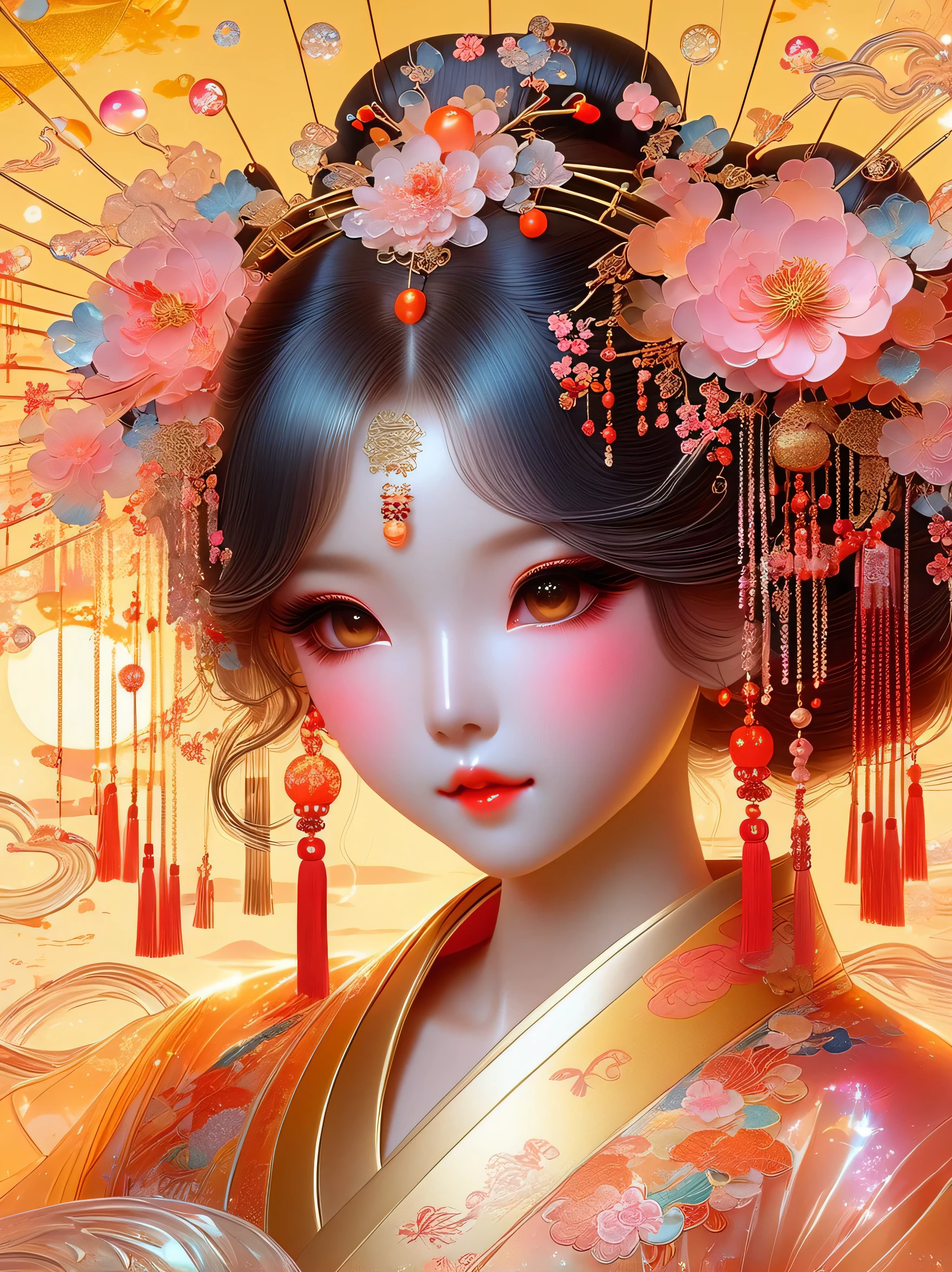 (masterpiece, best quality:1.2), alone, Flashing Hanfu girl, Encapsulated in a kawaii aesthetic with liquid light elements, Reflecting the deep connection with the essence of Chinese culture and fairy tales.Intricate details blend traditional Chinese themes with whimsical modern touches.A sun-kissed palette full of warmth and energy