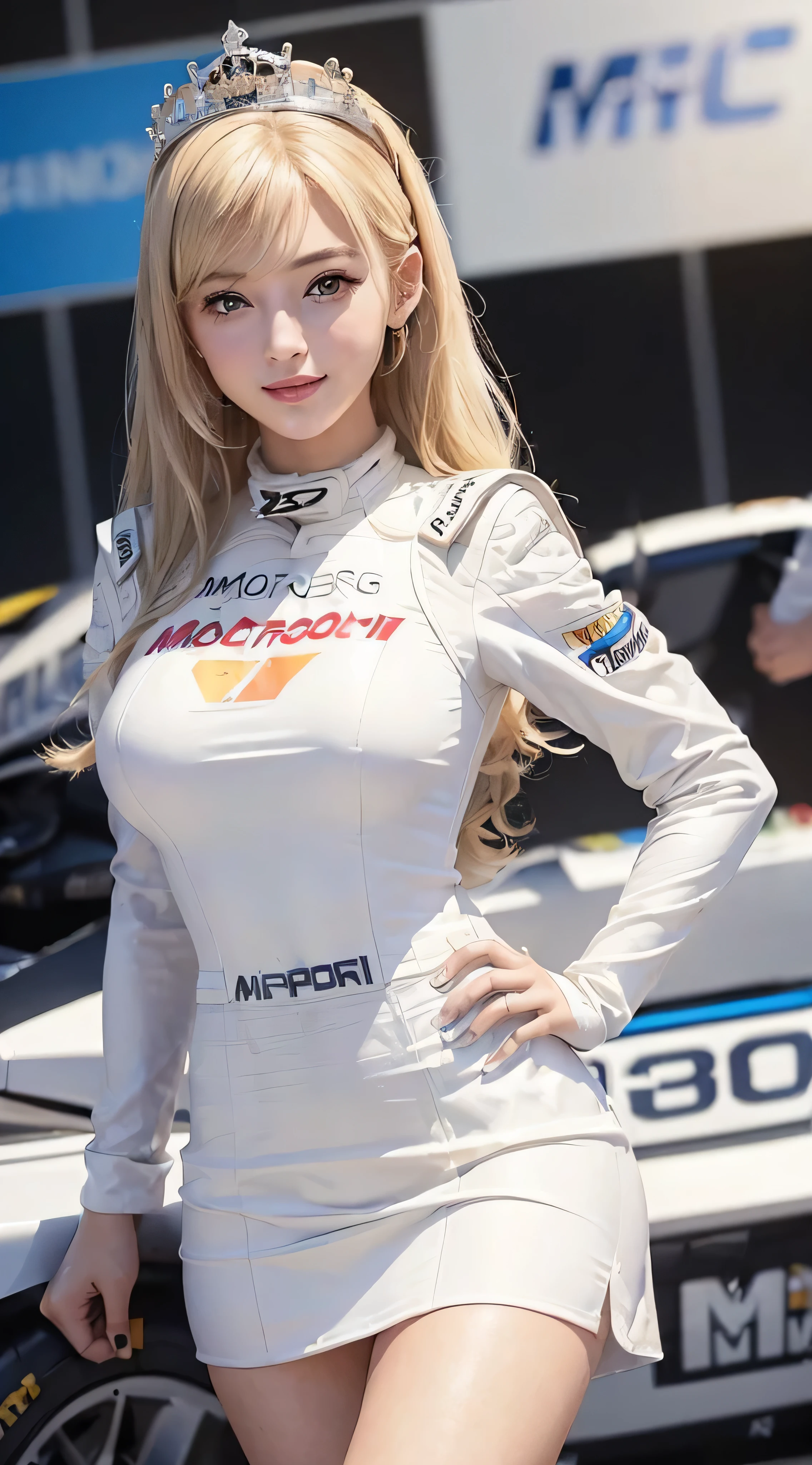 European and American women, Fashion Model, Wearing a white fluffy dress, Glamour, Paparazzi took pictures of her, blonde hair, brown eyes, 8K, high quality, masterpiece, 最high quality, HD, very detailed、voluminous lighting, photorealistic、((shy smile:1.3)),((Race Queen、white costume、minidresses、Sponsor logo on the chest、Grid Girl, Stand in a motorsport race、left hand on waist、Blur the background:1.4)),