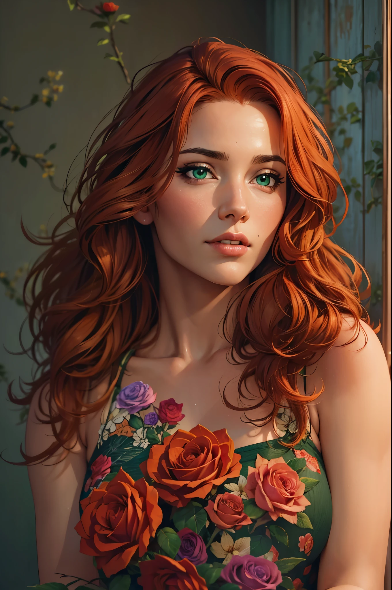 (best quality,4k,8k,highres,masterpiece:1.2),ultra-detailed,(realistic,photorealistic,photo-realistic:1.37),young adult woman,redhead,side part hairstyle,bright green eye color,looking straight forward,dimples,roses,floral,beautiful,portraits,vivid colors,soft lighting