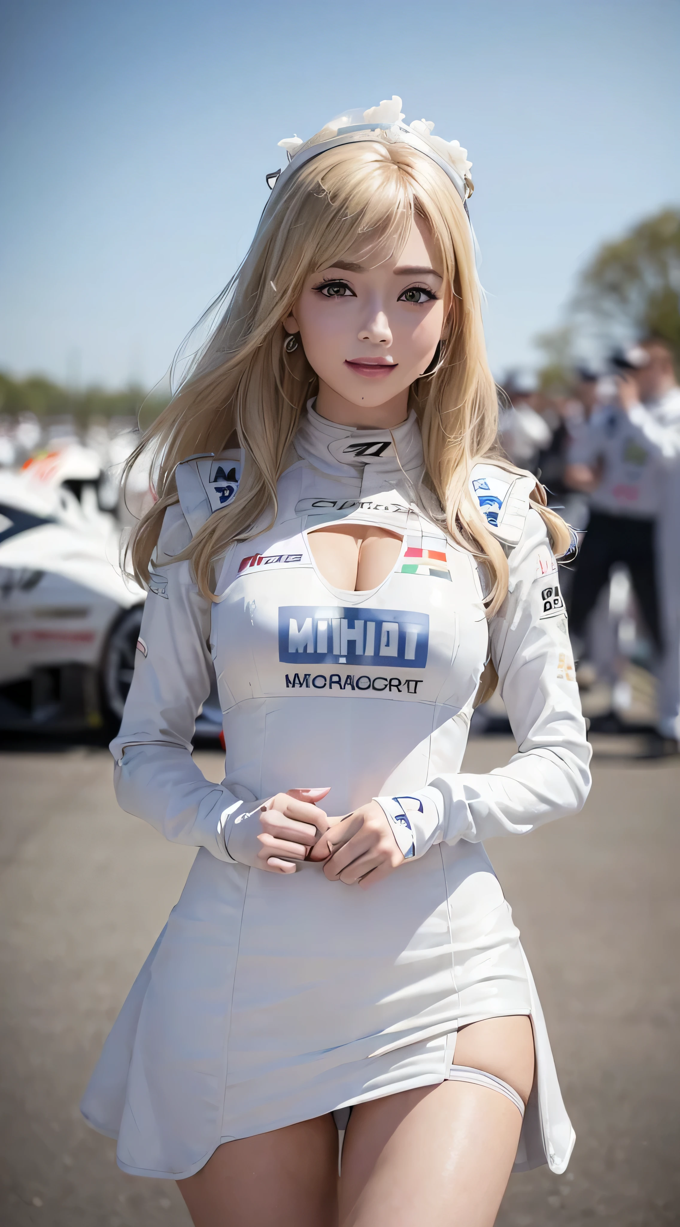 European and American women, Fashion Model, Wearing a white fluffy dress, Glamour, Paparazzi took pictures of her, blonde hair, brown eyes, 8K, high quality, masterpiece, 最high quality, HD, very detailed、voluminous lighting, photorealistic、((shy smile:1.3)),((Race Queen、white costume、minidresses、Sponsor logo on the chest、Grid Girl, Stand in a motorsport race、left hand on waist、Blur the background:1.4)),