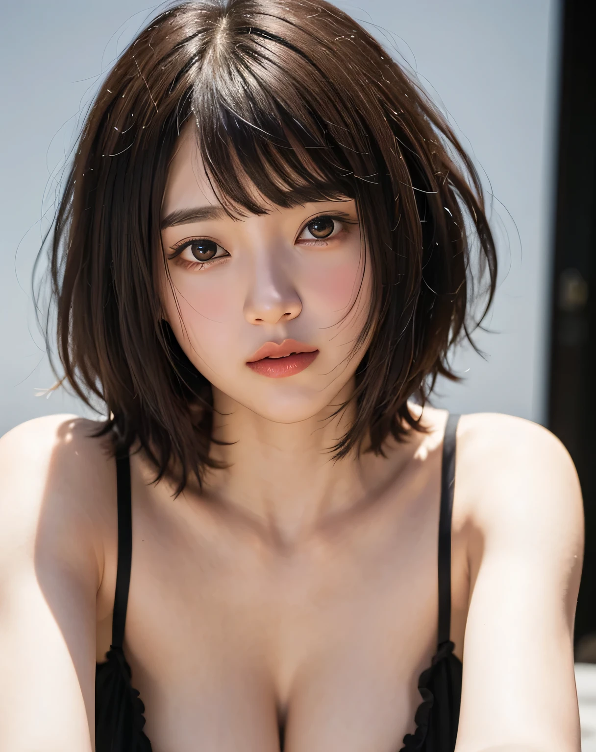 girl, semi-long, looking at the viewer, brown eyes, (short hair with bangs:1.2), (medium breasts:1.0), (medium areola:0.8), (realistic:1.4), (highest quality:1.0), (ultra high resolution:1.0), 8k, RAW photo, (masterpiece:0.2),Upper body,little brown hair,cute face