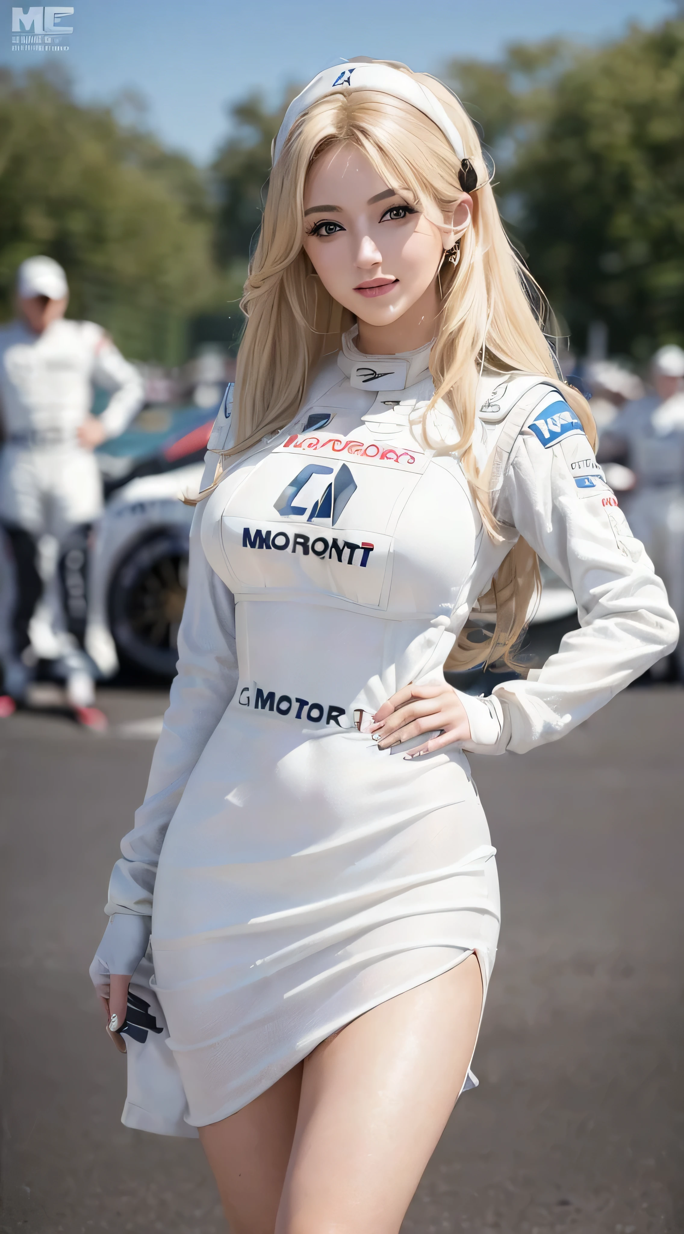 A high-cut racing queen holding a large parasol. A badminton girl. Bare-top. A badminton girl in a bare-top outfit. A tight-fitting bare-top dress. A racing queen holding a parasol. A flashy gal with long blonde hair. Kawaii. Gal type. A flashy woman. A cute, young gravure idol. A sexy idol. A gal girl. Hyper realistic. A supple body. A graceful way of standing. A racing venue. A racing queen. Realistic. Realistic style. An excellent figure. A perfect body. A gal with a cute face. Well-formed features. Reality. Being at a racing venue.