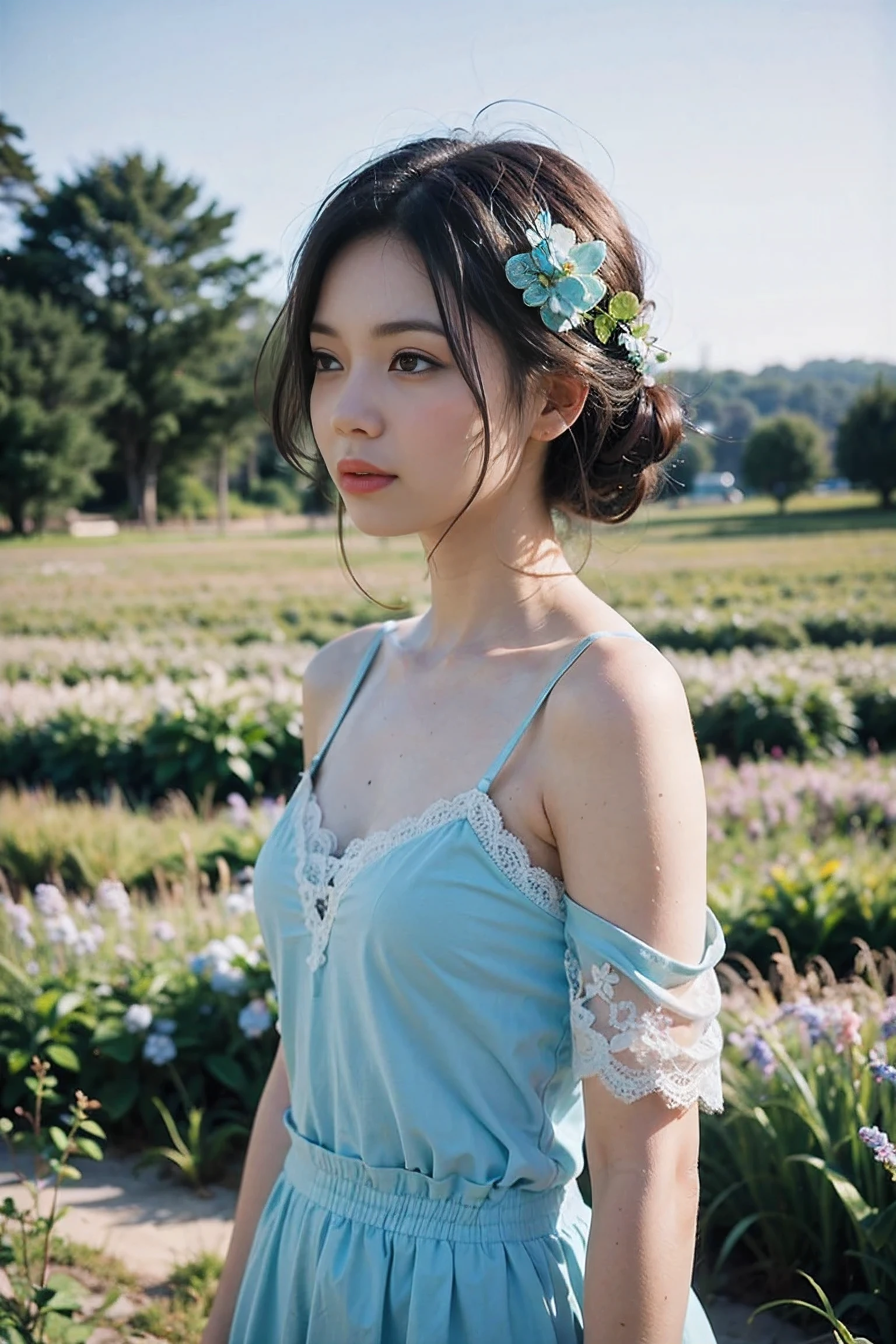 strange, fairy tale, Cute realistic light blue lace flower field from the side, decorated with lace, no background, pastel colors, perfect details, 8K resolution, Sharp and clear