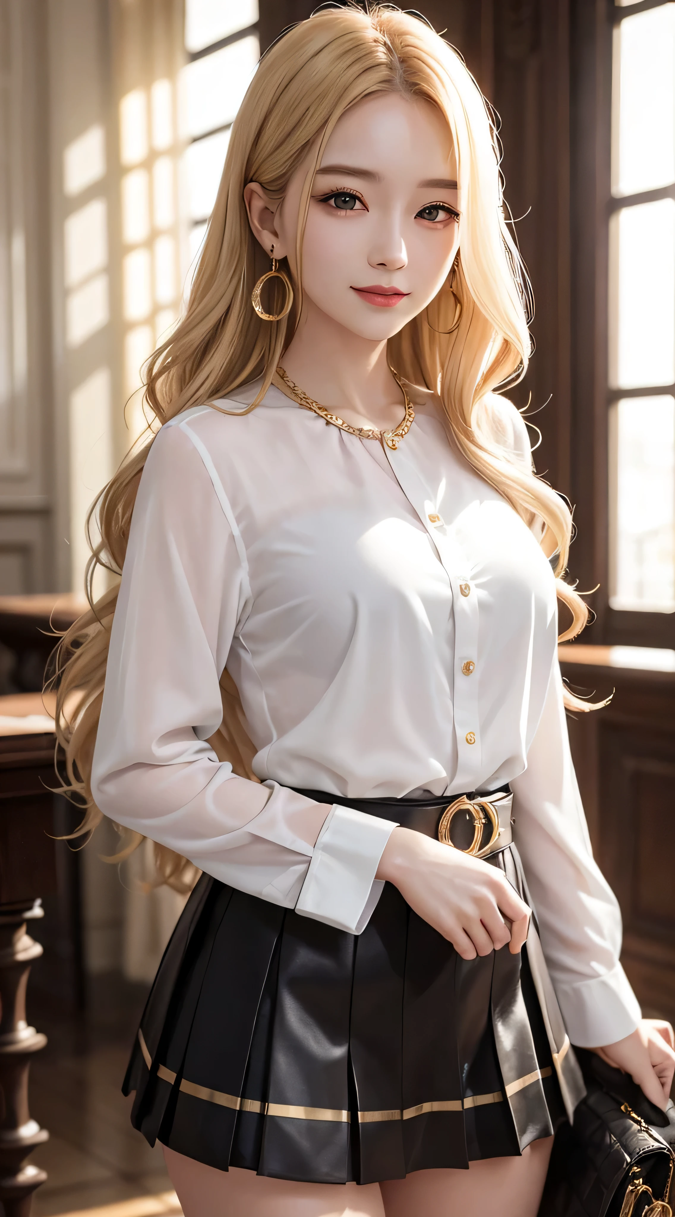 western women、Fashion Model、A gorgeous silk blouse for a bewitching beautiful mature elite secretary、wear a shirt and skirt、Mini pleated skirt with many checked pleats、Glamour、paparazzi took a photo of her、super long blonde hair、loose wavy hair、gold necklace_Large earrings、brown eyes、8K、High resolution、masterpiece、最High resolution、HD、very detailed、voluminous lighting、photorealistic、shy smile