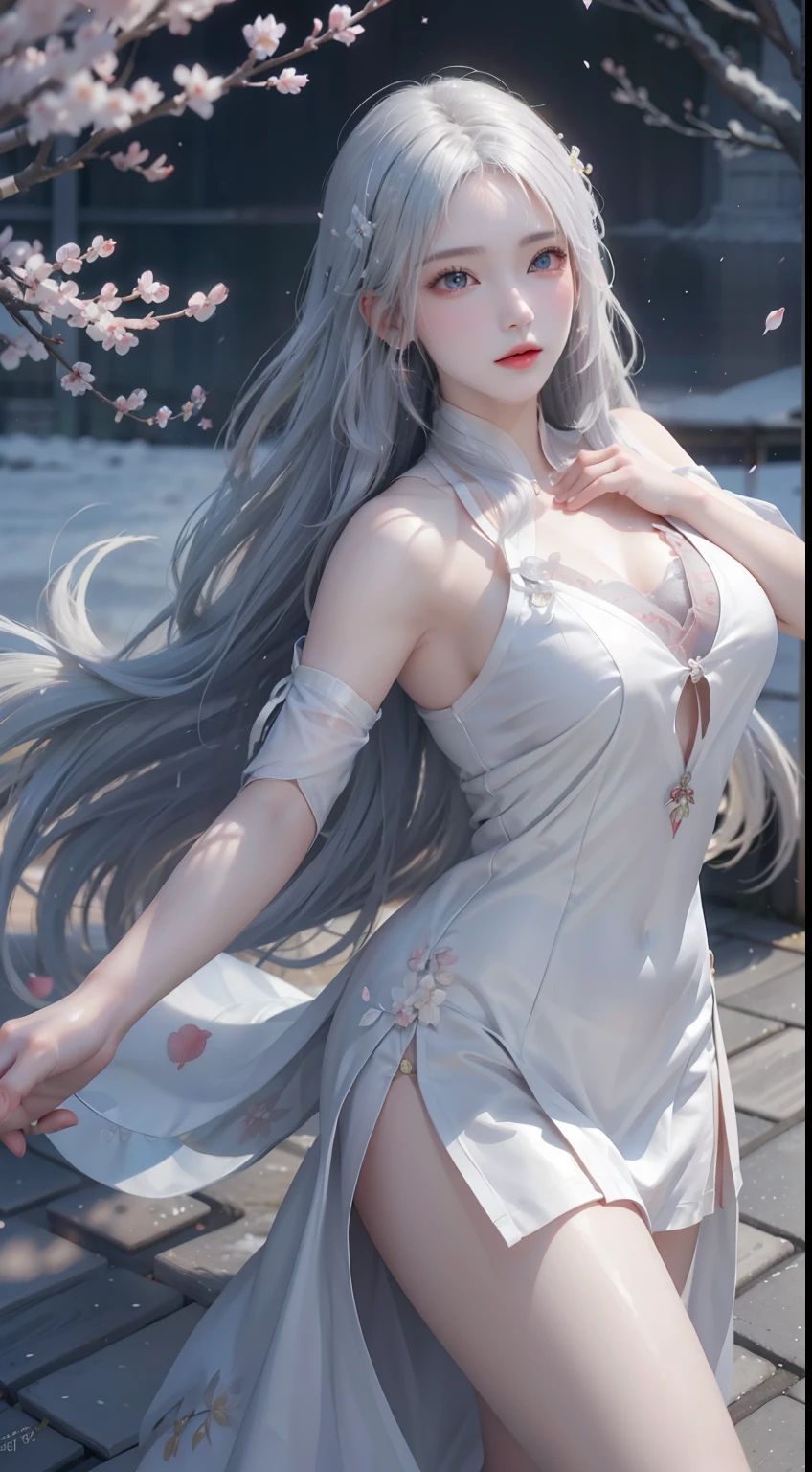 ((logo, masterpiece, 8k, table top, RAW photo, wonderful, 最high quality, Photorealistic and hvery detailed CG integrated 8k wallpaper, high quality, very detailed, Narrative poem, particle effects, dynamic effects, Depth of written boundary, cinematic light, Lens flare, ray tracing, anatomically accurate)), fantasy, 1 beautiful woman, ((white hair)), clear eyes, long hair, beautiful face, real face, Dense and beautiful eyes, beautiful skin, ((dancing woman, gracefully dancing woman, dancing woman in the snowy landscape, violently dancing woman)), ((long hairがWindでなびく, long hairが跳ねる, long hairがWindで踊る)), hair jump, jewelry, beautiful eyes, white kimono, white obi, embroidery pattern of white cherry blossoms, silver earrings, Light is shining, ((cherry blossoms, cherry blossomsの木, cherry blossomsの花びらが舞う, cherry blossoms吹雪, falling petals)), blue sky and white clouds background, Vast wind scenery, Wind, grassland, Vast land in mythology, Spectacular view, Beautiful natural wind scenery, hair color is white, cherry blossomsの花びらが舞う, cherry blossomsの木