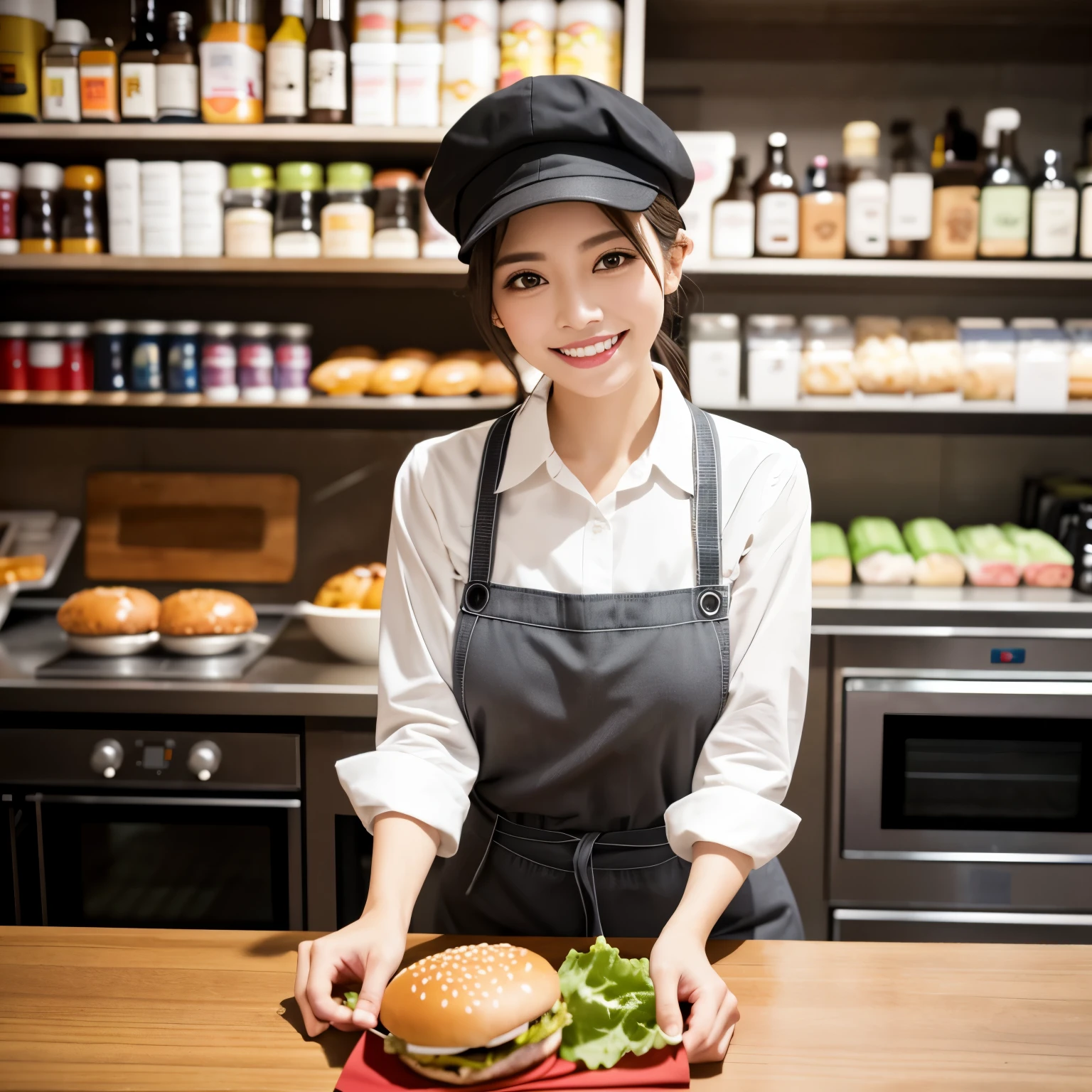 (table top、highest quality、8k、Award-winning work、ultra high resolution)、Beautiful hamburger shop clerk、(gray polyester shirt:1.1)、(classy black pants:1.1)、the most accurate and perfect apron、Black cap、big breasts、An elegant chignon、the biggest smile looking at me、smile showing your beautiful teeth、Most emphasize the body line、The most natural and perfect burger shop background、(Everything is perfectly organized and arranged in regular order.:1.1)、Hamburgers arranged in an orderly manner on the counter、Perfectly organized and most natural burger shop、(Large menu table with multiple menus arranged in an orderly manner:1.1)、blurred background、accurate anatomy、ultra high definition hair、ultra high resolutionの完璧な美しい歯、Ultra high definition beauty face、ultra high definition hair、Super high-definition sparkling eyes、輝くultra high resolutionの美肌、ultra high resolutionの艶やかな唇