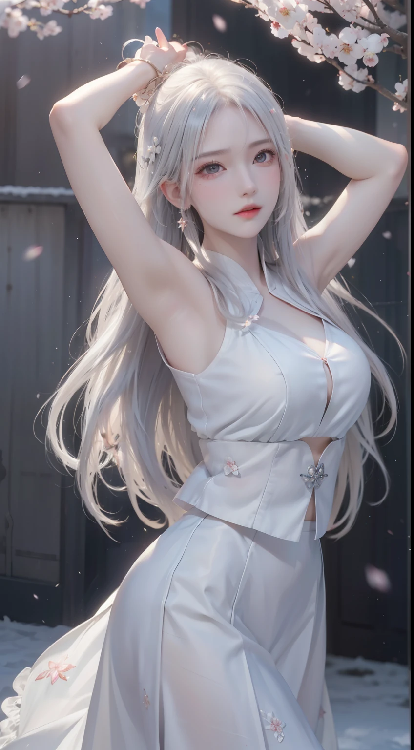 ((logo, masterpiece, 8k, table top, RAW photo, wonderful, 最high quality, Photorealistic and hvery detailed CG integrated 8k wallpaper, high quality, very detailed, Narrative poem, particle effects, dynamic effects, Depth of written boundary, cinematic light, Lens flare, ray tracing, anatomically accurate)), fantasy, 1 beautiful woman, ((white hair)), clear eyes, long hair, beautiful face, real face, Dense and beautiful eyes, beautiful skin, ((dancing woman, gracefully dancing woman, dancing woman in the snowy landscape, violently dancing woman)), ((long hairがWindでなびく, long hairが跳ねる, long hairがWindで踊る)), hair jump, jewelry, beautiful eyes, white kimono, white obi, embroidery pattern of white cherry blossoms, silver earrings, Light is shining, ((cherry blossoms, cherry blossomsの木, cherry blossomsの花びらが舞う, cherry blossoms吹雪, falling petals)), blue sky and white clouds background, Vast wind scenery, Wind, grassland, Vast land in mythology, Spectacular view, Beautiful natural wind scenery, hair color is white, cherry blossomsの花びらが舞う, cherry blossomsの木