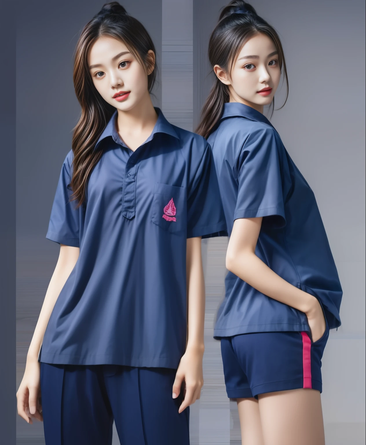 (best quality,10,10,height,Masterpiece:1.2),Special details,(realistic,ภาพrealistic,Realistic photos:1.37),1 Cute girl in the kitchen,shiny, ผิวshiny,only,smile softly,BDclothelue shirt:1.3)),short sleeve,shirt, กางเกงขาlong.,(navy_long_track pants:1.1), ((Kitchen Background)),Dynamic angle,excited,Face focus,dynamic poses,from behind,focus on ass,Masterpiece, best quality, ultra realistic, hyper-detail, 8K resolution, raw photos, Sharp focus, ((Navy blue shirt:1.1)), short sleeve, เส้นทางlong, perfect body, 2 mature women, 18 years old, Cinema-grade lighting system,blue sweatpants,shirtผ้าออกกำลังกาย,correct anatomy,perfect body, correct body, Sharp face, correct bodyทางกายวิภาค, full body, realistic gestures, long-haired, realistic poses,Wear long shorts...........................,ช่วงขาlong,Good shape,carved girl, Slender figure, model, Good shape, beautiful body,blue sweatpants, two girls kissing