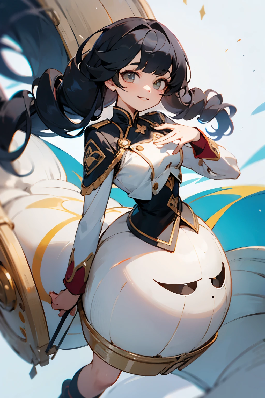 fantasy uniform,detailed costumes,Shorts,perries,black hair,twin drill hairstyle,long hair,smile,Drooping eyes,Round eyes,cute,White base,whole body,1 person