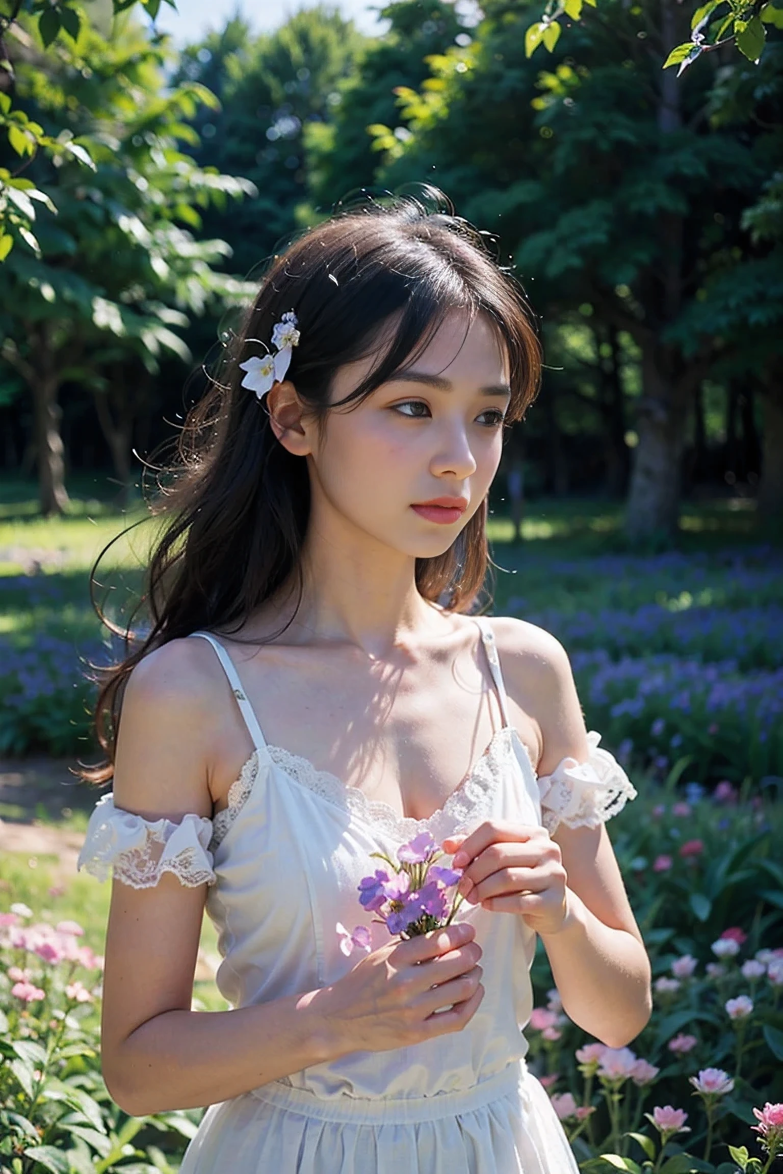 8K、12-year-old beautiful girl, Long, Starry sky、Detailed beautiful sleeping face、Camisole Dresses, flower field、Little baby face