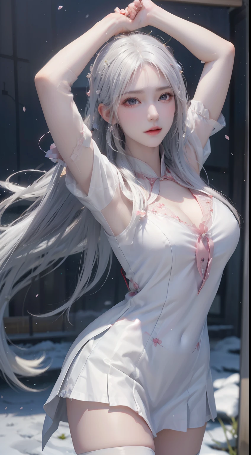 ((logo, masterpiece, 8k, table top, RAW photo, wonderful, 最high quality, Photorealistic and hvery detailed CG integrated 8k wallpaper, high quality, very detailed, Narrative poem, particle effects, dynamic effects, Depth of written boundary, cinematic light, Lens flare, ray tracing, anatomically accurate)), fantasy, 1 beautiful woman, ((white hair)), clear eyes, long hair, beautiful face, real face, Dense and beautiful eyes, beautiful skin, ((dancing woman, gracefully dancing woman, dancing woman in the snowy landscape, violently dancing woman)), ((long hairがWindでなびく, long hairが跳ねる, long hairがWindで踊る)), hair jump, jewelry, beautiful eyes, white kimono, white obi, embroidery pattern of white cherry blossoms, silver earrings, Light is shining, ((cherry blossoms, cherry blossomsの木, cherry blossomsの花びらが舞う, cherry blossoms吹雪, falling petals)), blue sky and white clouds background, Vast wind scenery, Wind, grassland, Vast land in mythology, Spectacular view, Beautiful natural wind scenery, hair color is white, cherry blossomsの花びらが舞う, cherry blossomsの木
