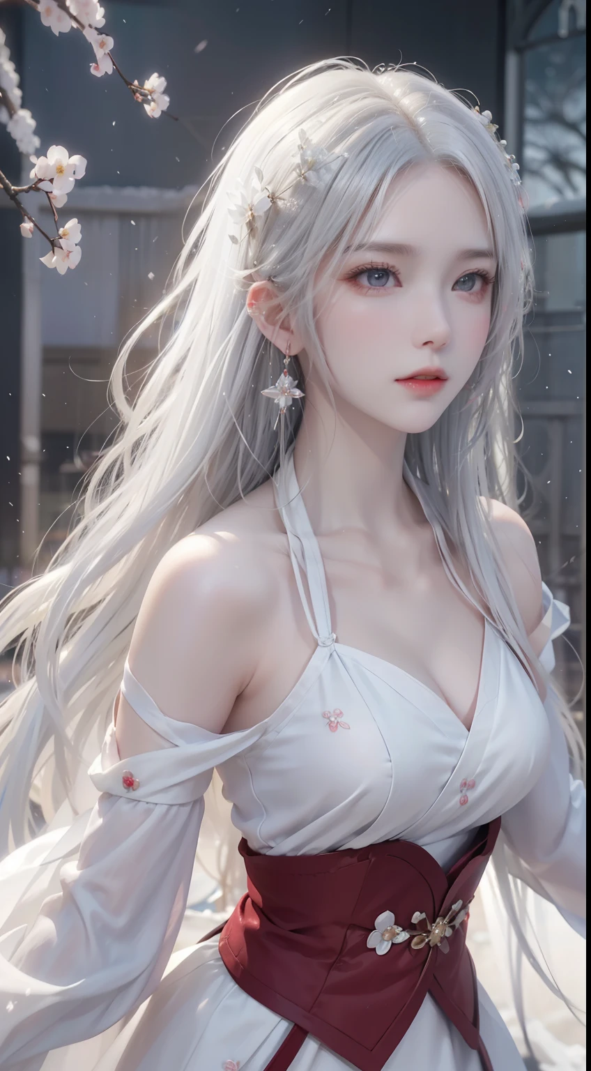 ((logo, masterpiece, 8k, table top, RAW photo, wonderful, 最high quality, Photorealistic and hvery detailed CG integrated 8k wallpaper, high quality, very detailed, Narrative poem, particle effects, dynamic effects, Depth of written boundary, cinematic light, Lens flare, ray tracing, anatomically accurate)), fantasy, 1 beautiful woman, ((white hair)), clear eyes, long hair, beautiful face, real face, Dense and beautiful eyes, beautiful skin, ((dancing woman, gracefully dancing woman, dancing woman in the snowy landscape, violently dancing woman)), ((long hairがWindでなびく, long hairが跳ねる, long hairがWindで踊る)), hair jump, jewelry, beautiful eyes, white kimono, white obi, embroidery pattern of white cherry blossoms, silver earrings, Light is shining, ((cherry blossoms, cherry blossomsの木, cherry blossomsの花びらが舞う, cherry blossoms吹雪, falling petals)), blue sky and white clouds background, Vast wind scenery, Wind, grassland, Vast land in mythology, Spectacular view, Beautiful natural wind scenery, hair color is white, cherry blossomsの花びらが舞う, cherry blossomsの木