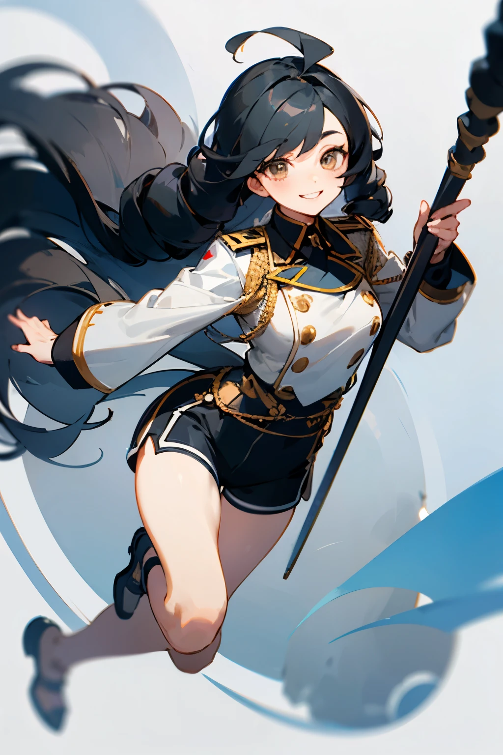 fantasy uniform,detailed costumes,Shorts,perries,like military uniform,black hair,twin drill hairstyle,long hair,smile,Drooping eyes,Round eyes,cute,White base,whole body