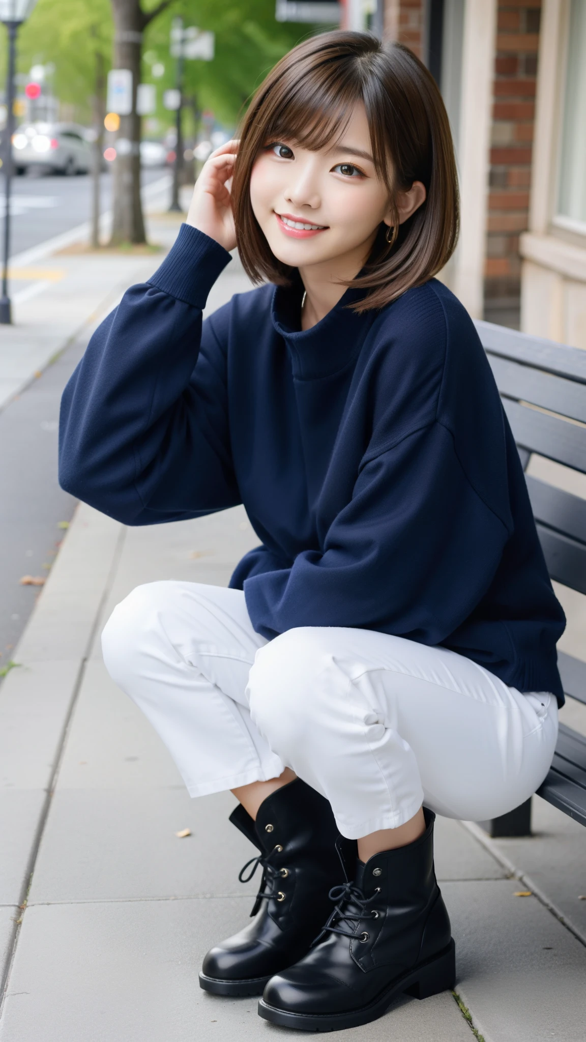 Photo taken by a professional photographer，laughter:1.5，Close-up of a woman squatting on the sidewalk, wearing a sweater, short cut brown hair, hair is messy，young and cute girl, Wearing a super super super super mini skirt:1.5，Wear stylish boots，sit on a park bench:1.5，Flashy makeup with red eyeshadow，You can see beautiful thighs，I can see white pants，