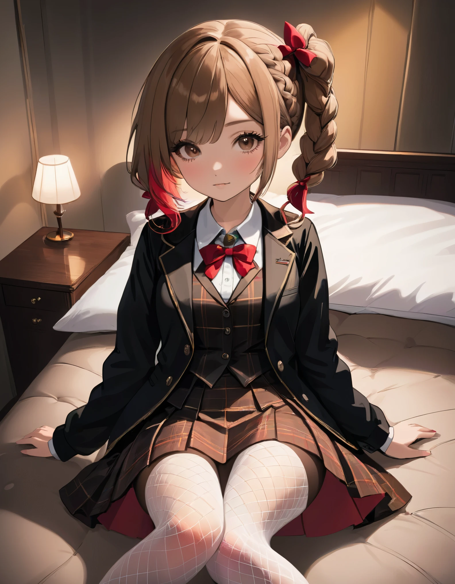 masterpiece, highest quality, High resolution, super detailed, 1 girl、solo、medium hair、braid、colorful hair,one side up,parted bangs,side lock,hair ribbon,Jacket,black Jacket,open Jacket,red bow tie,vest,brown vest,shirt,white shirt,short sleeve,shorter than long sleeve,skirt,black skirt,pantyhose,brown 黒色のpantyhose,Argyle Legwear,indoor,sitting,bed,blush,(embarrassing:1.2),(night:1.4),
