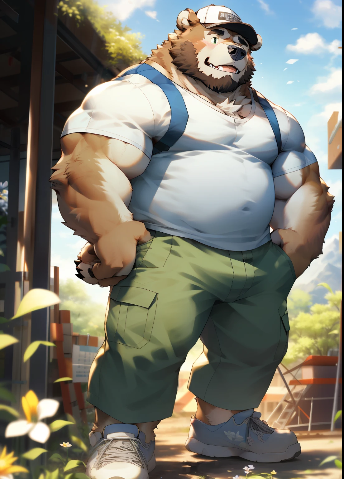 a potrait, half body, semirelistic:1.2, masterpiece, detailed face, muscular old man in front house, old man, thick arm, huge arm, bearded. white hair and beard, bearded, muscular, pectoral, wide pectoral, realistic, 8k, masterpiece, (wearing shorts and shirtless:1.3, topless, shoes), smile, brown bear