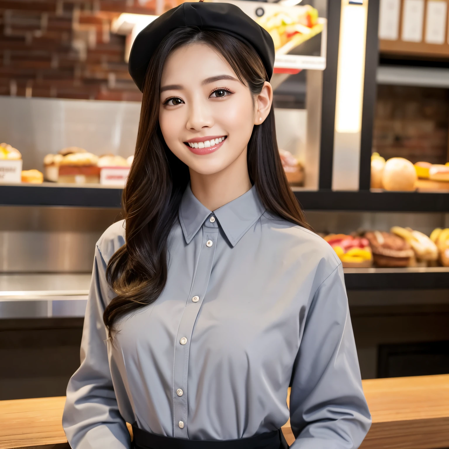 (table top、highest quality、8k、Award-winning work、ultra high resolution)、Beautiful hamburger shop clerk、(gray polyester shirt:1.1)、(classy black pants:1.1)、(the most accurate and perfect apron:1.1)、Black cap、(big breasts:1.1)、An elegant chignon、the biggest smile looking at me、smile showing your beautiful teeth、Most emphasize the body line、The most natural and perfect burger shop background、(Everything is perfectly organized and arranged in regular order.:1.1)、(Perfect authentic burger to whet your appetite:1.1)、(Perfect real fries to whet your appetite:1.1)、(Detailed burger with the most realistic texture:1.1)、(Lots of burgers arranged in an orderly manner:1.1)、Perfectly organized and most natural burger shop、blurred background、accurate anatomy、ultra high definition hair、ultra high resolutionの完璧な美しい歯、Ultra high definition beauty face、ultra high definition hair、Super high-definition sparkling eyes、輝くultra high resolutionの美肌、ultra high resolutionの艶やかな唇、elegant makeup